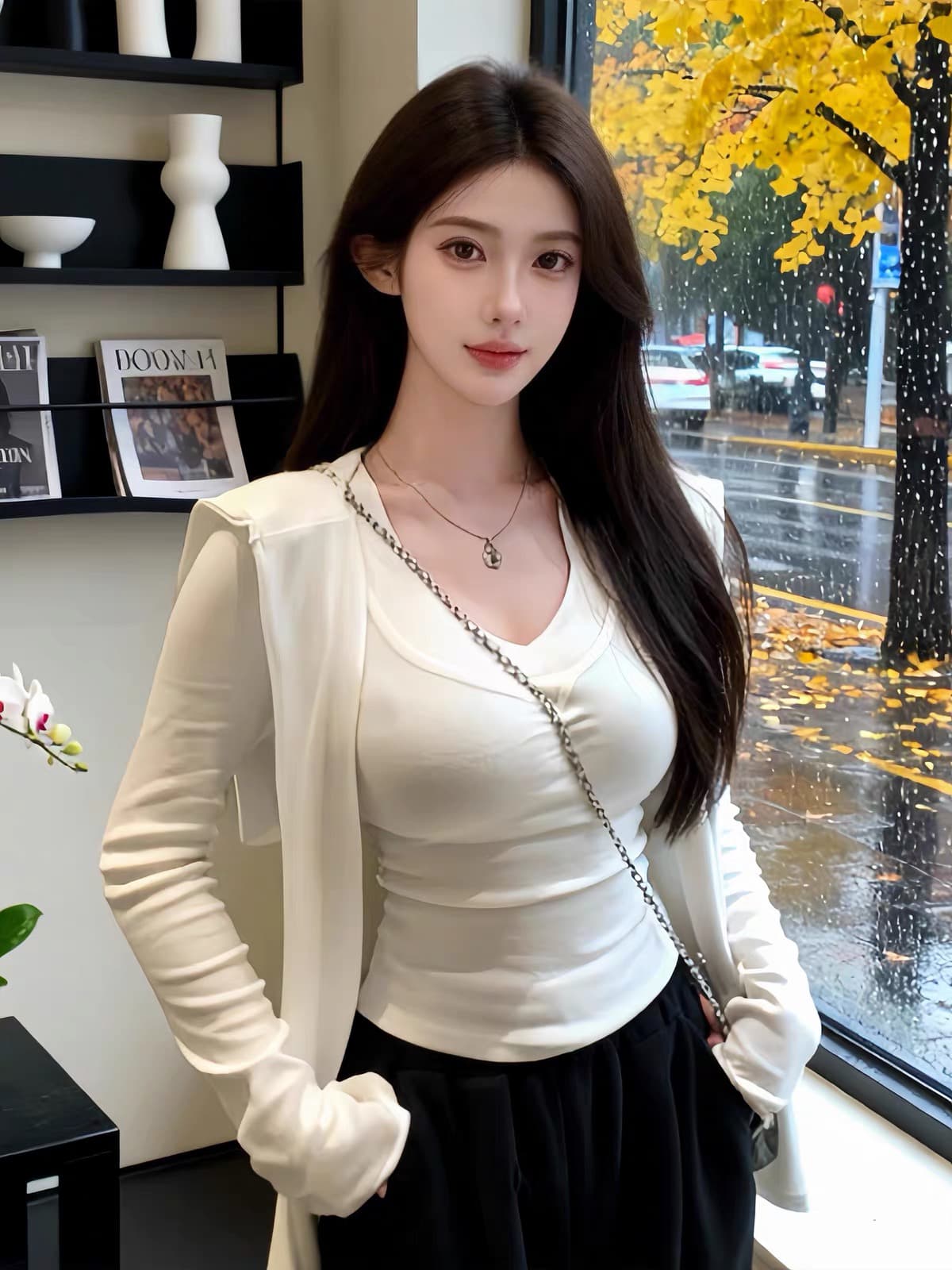 V넥 자수 허리 수축 긴팔 기본 셔츠 외부 가져 가라. 숄 2026 가을 겨울철 새로운 스택 착용 투피스 세트 맨위 여성 상세 이미지 1