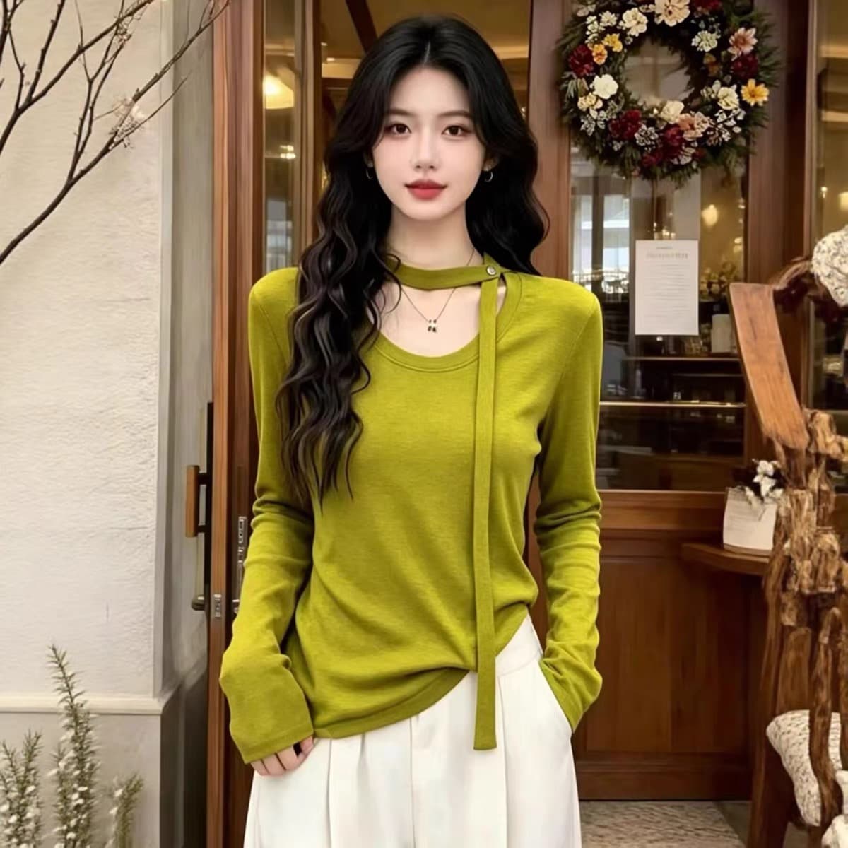 한 부서 미니멀리즘 디자인 센스 리본 라운드 넥 긴팔 티셔츠 여성 2026 가을 겨울 새로운 슬림해 보이는 기본 셔츠 맨위 트렌디 이미지 4
