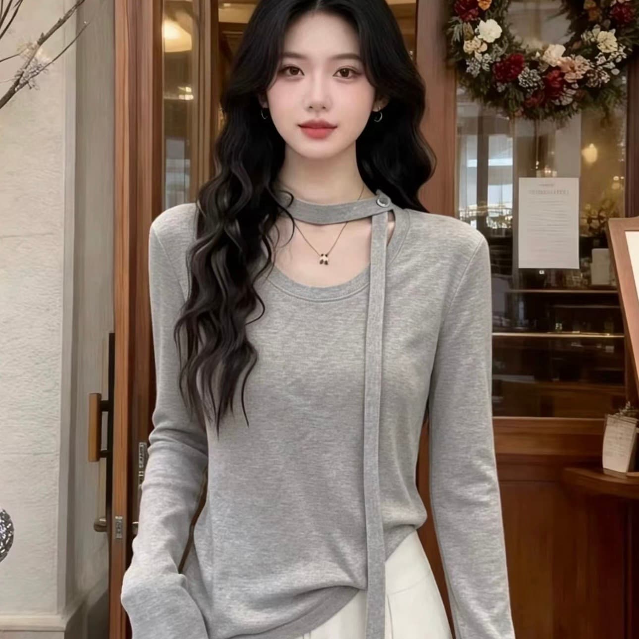 한 부서 미니멀리즘 디자인 센스 리본 라운드 넥 긴팔 티셔츠 여성 2026 가을 겨울 새로운 슬림해 보이는 기본 셔츠 맨위 트렌디 이미지 5