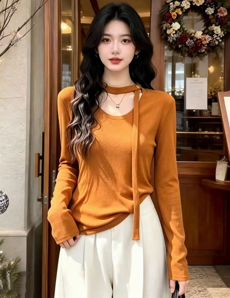 한 부서 미니멀리즘 디자인 센스 리본 라운드 넥 긴팔 티셔츠 여성 2026 가을 겨울 새로운 슬림해 보이는 기본 셔츠 맨위 트렌디 상세 이미지 4