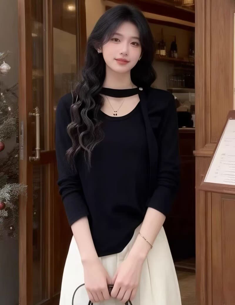 한 부서 미니멀리즘 디자인 센스 리본 라운드 넥 긴팔 티셔츠 여성 2026 가을 겨울 새로운 슬림해 보이는 기본 셔츠 맨위 트렌디 상세 이미지 5