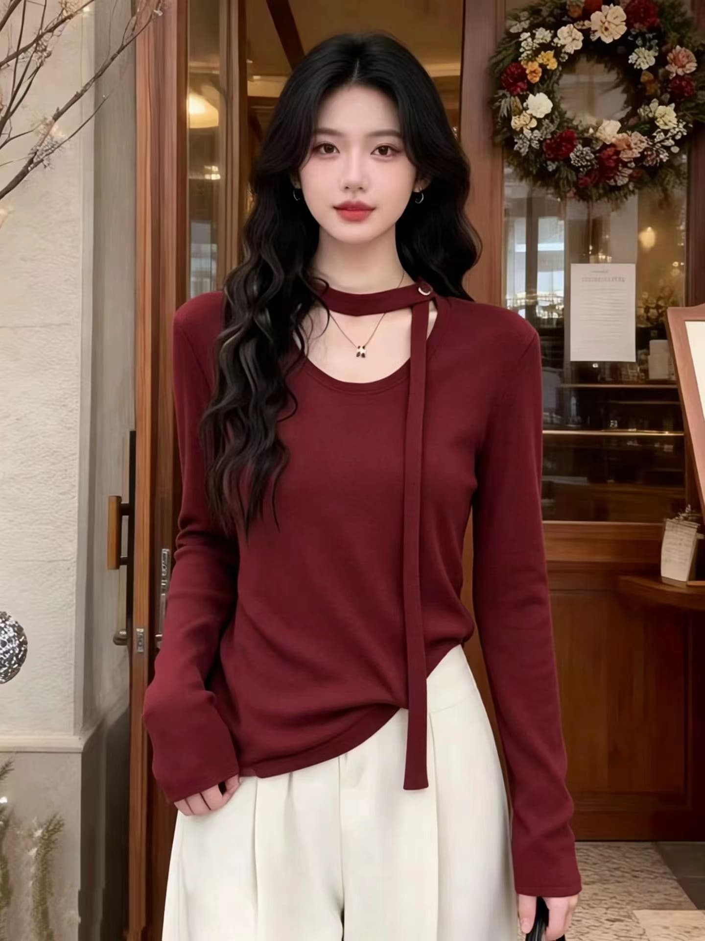 한 부서 미니멀리즘 디자인 센스 리본 라운드 넥 긴팔 티셔츠 여성 2026 가을 겨울 새로운 슬림해 보이는 기본 셔츠 맨위 트렌디 상세 이미지 6
