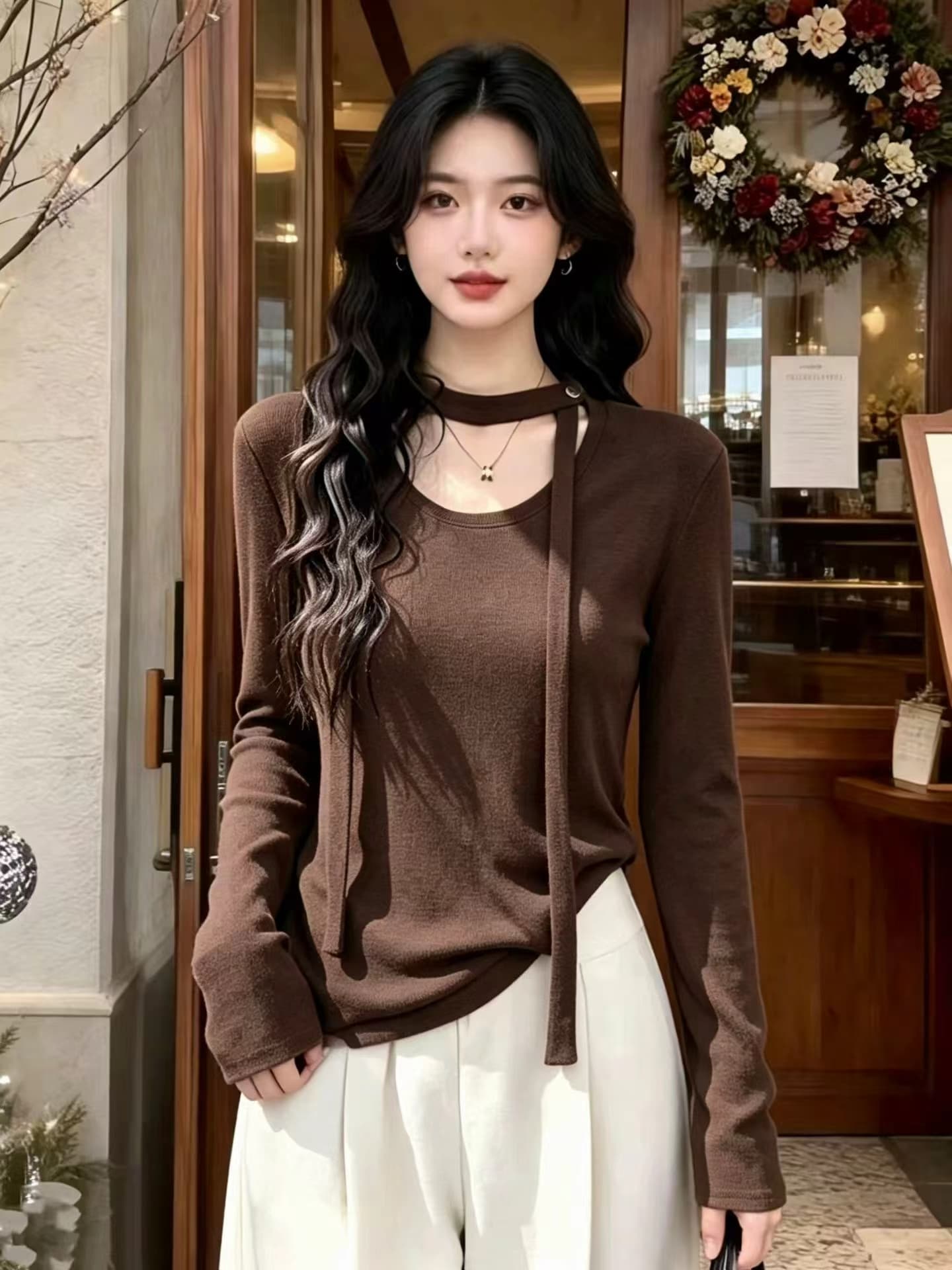 한 부서 미니멀리즘 디자인 센스 리본 라운드 넥 긴팔 티셔츠 여성 2026 가을 겨울 새로운 슬림해 보이는 기본 셔츠 맨위 트렌디 상세 이미지 7