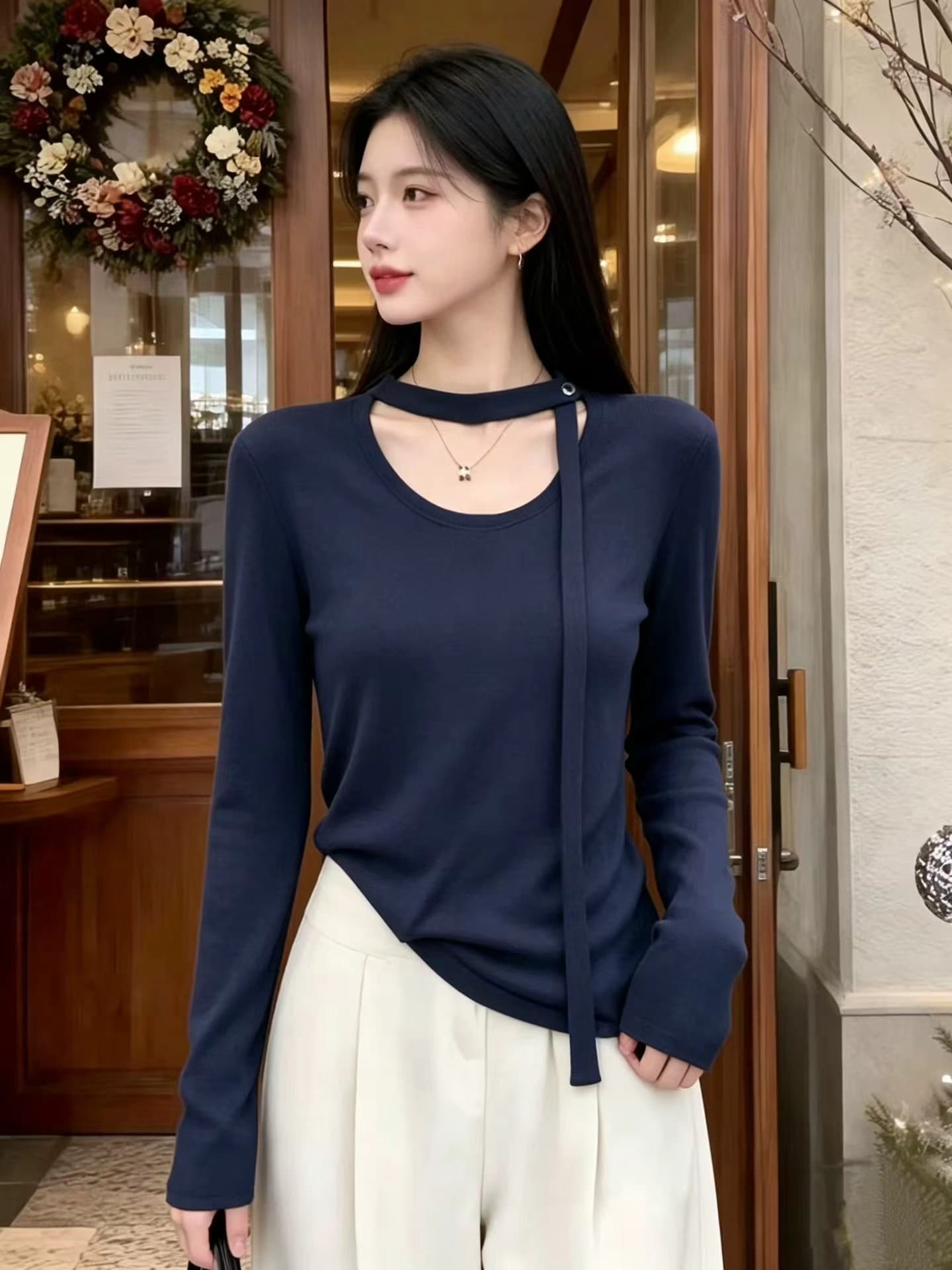 한 부서 미니멀리즘 디자인 센스 리본 라운드 넥 긴팔 티셔츠 여성 2026 가을 겨울 새로운 슬림해 보이는 기본 셔츠 맨위 트렌디 상세 이미지 8