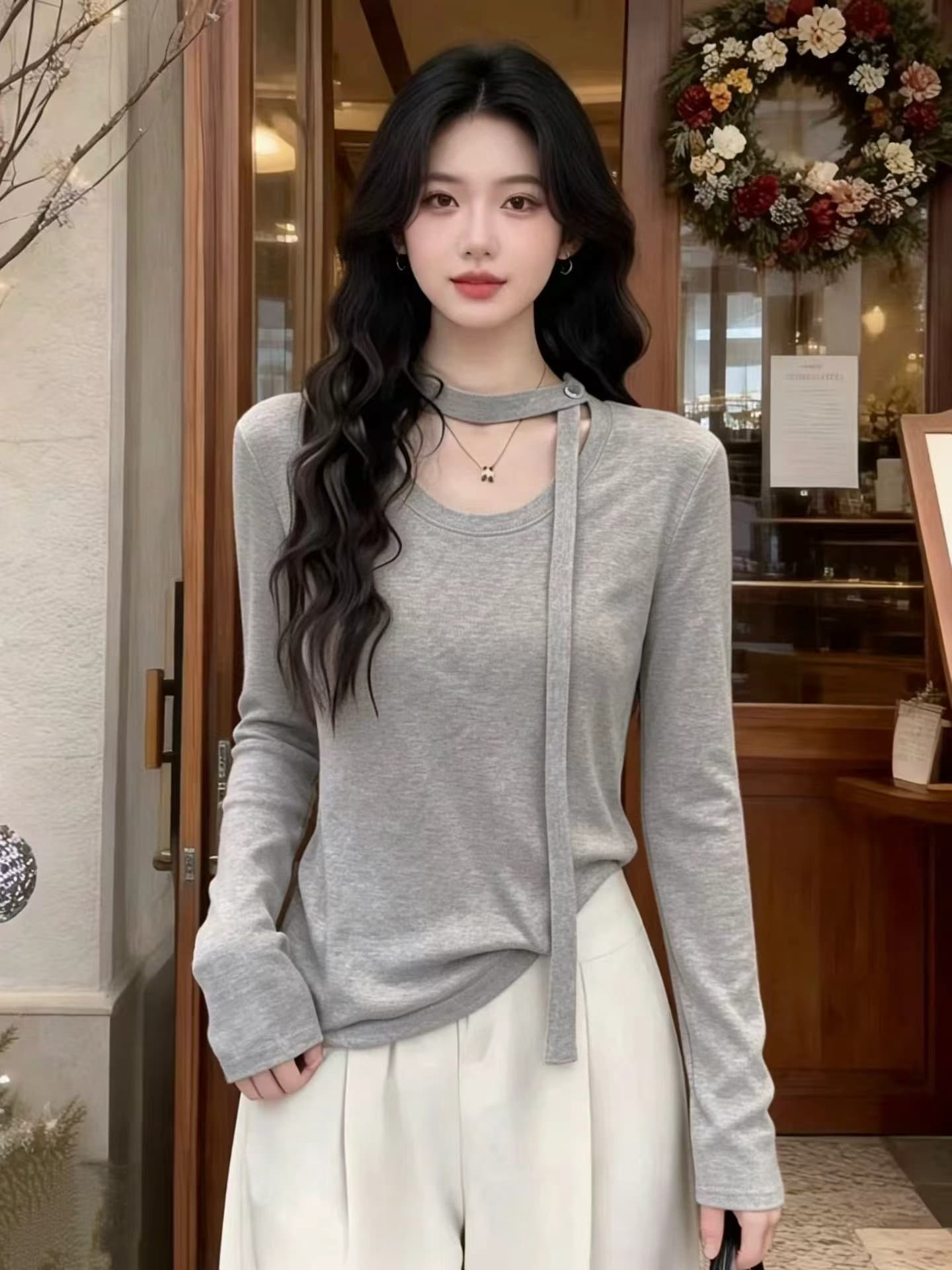 한 부서 미니멀리즘 디자인 센스 리본 라운드 넥 긴팔 티셔츠 여성 2026 가을 겨울 새로운 슬림해 보이는 기본 셔츠 맨위 트렌디 상세 이미지 9