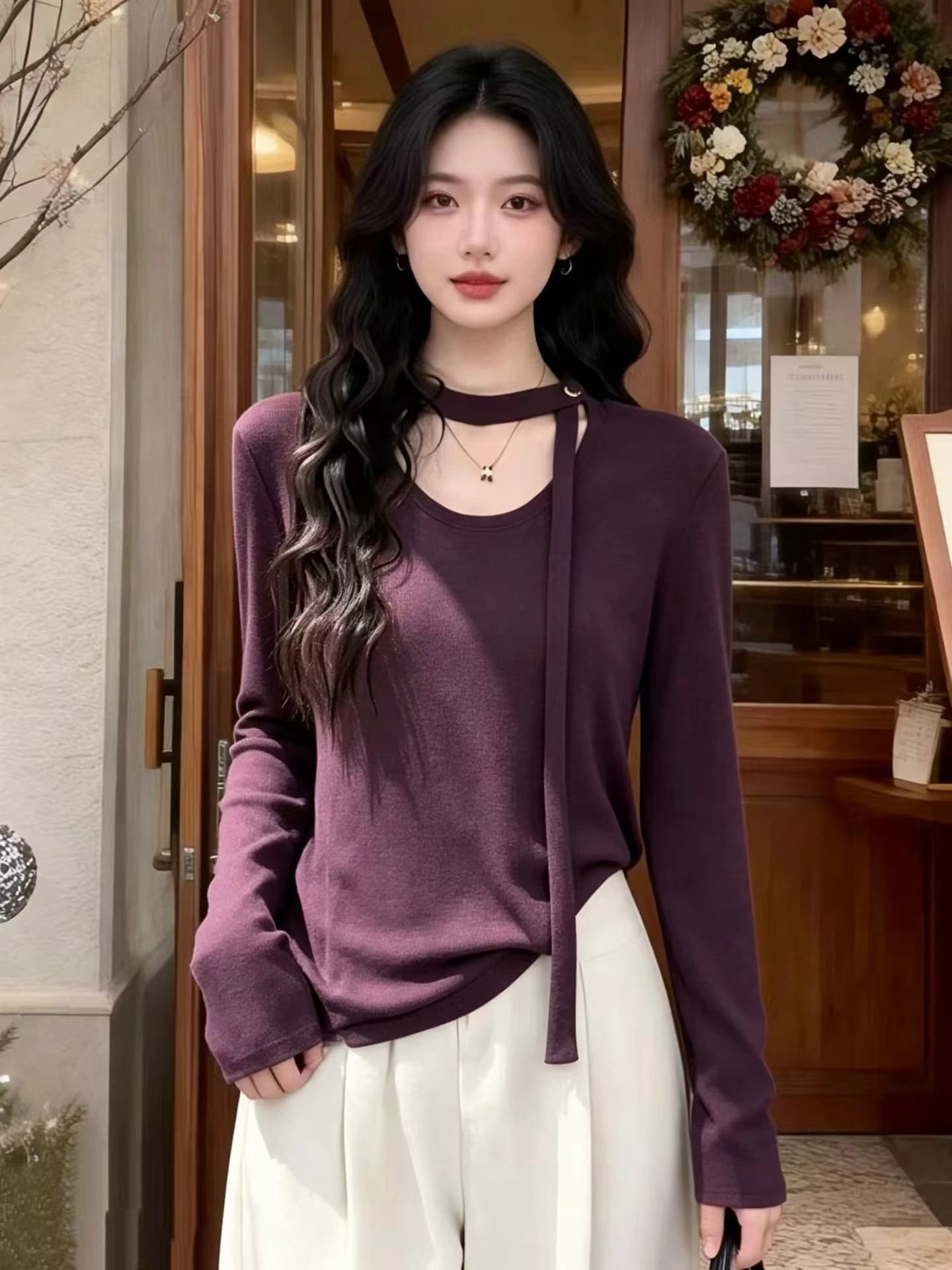 한 부서 미니멀리즘 디자인 센스 리본 라운드 넥 긴팔 티셔츠 여성 2026 가을 겨울 새로운 슬림해 보이는 기본 셔츠 맨위 트렌디 상세 이미지 10