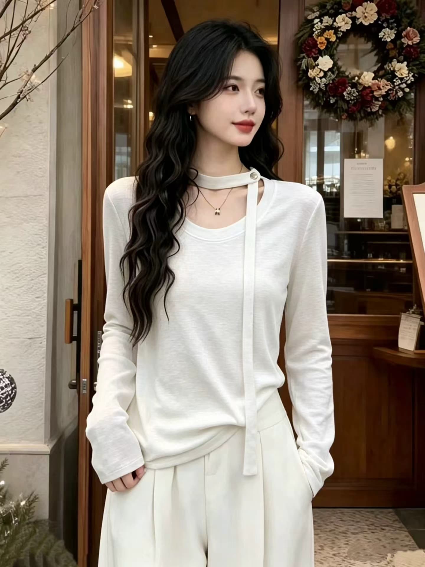한 부서 미니멀리즘 디자인 센스 리본 라운드 넥 긴팔 티셔츠 여성 2026 가을 겨울 새로운 슬림해 보이는 기본 셔츠 맨위 트렌디 상세 이미지 11