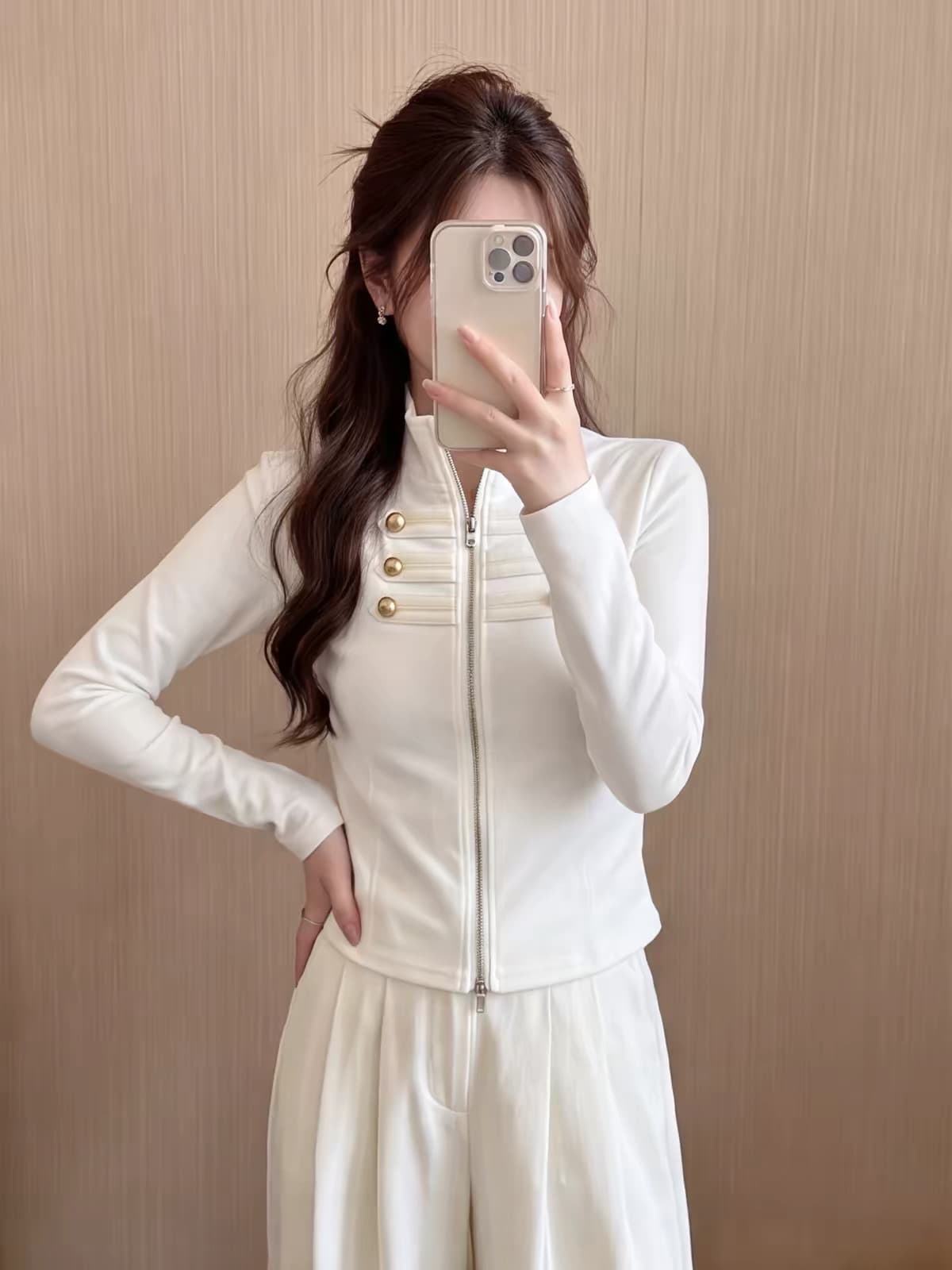 화이트 스탠드 칼라 긴팔 티셔츠 여성 가을 한 부서 핫걸 디자인 센스 다용도 캐주얼 인사이드 가져 가라. 외출용 작은 대중 맨위 상세 이미지 3