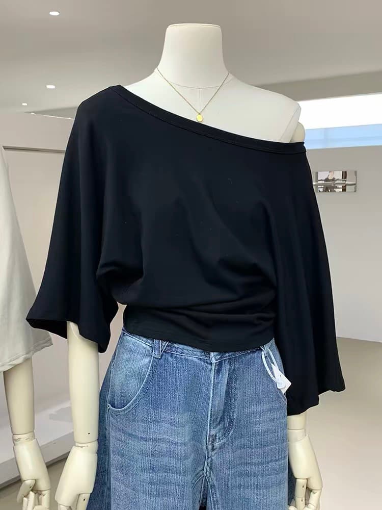 한 부서 익스트림 제인 순수한 욕망 바람 박쥐 7부 소매 티셔츠 이른 가을 신제품 여성 의류 허리 수축 슬림해 보이는 품격 비스듬한 어깨 의류 상세 이미지 5