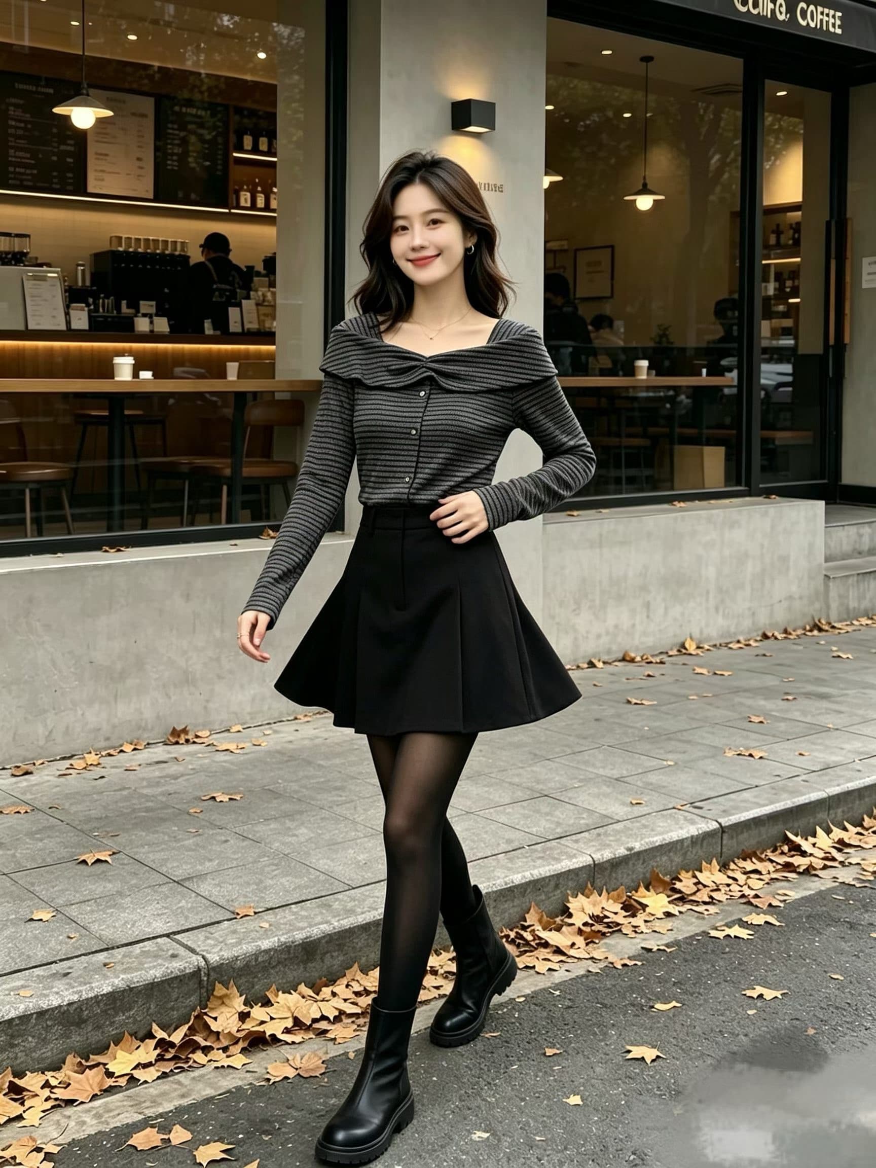 달콤한 차가운 회색 스트라이프 보트넥 오프숄더 긴팔 티셔츠 여성 작은 키 트임 출퇴근 다용도 맨위 봄 이미지 3