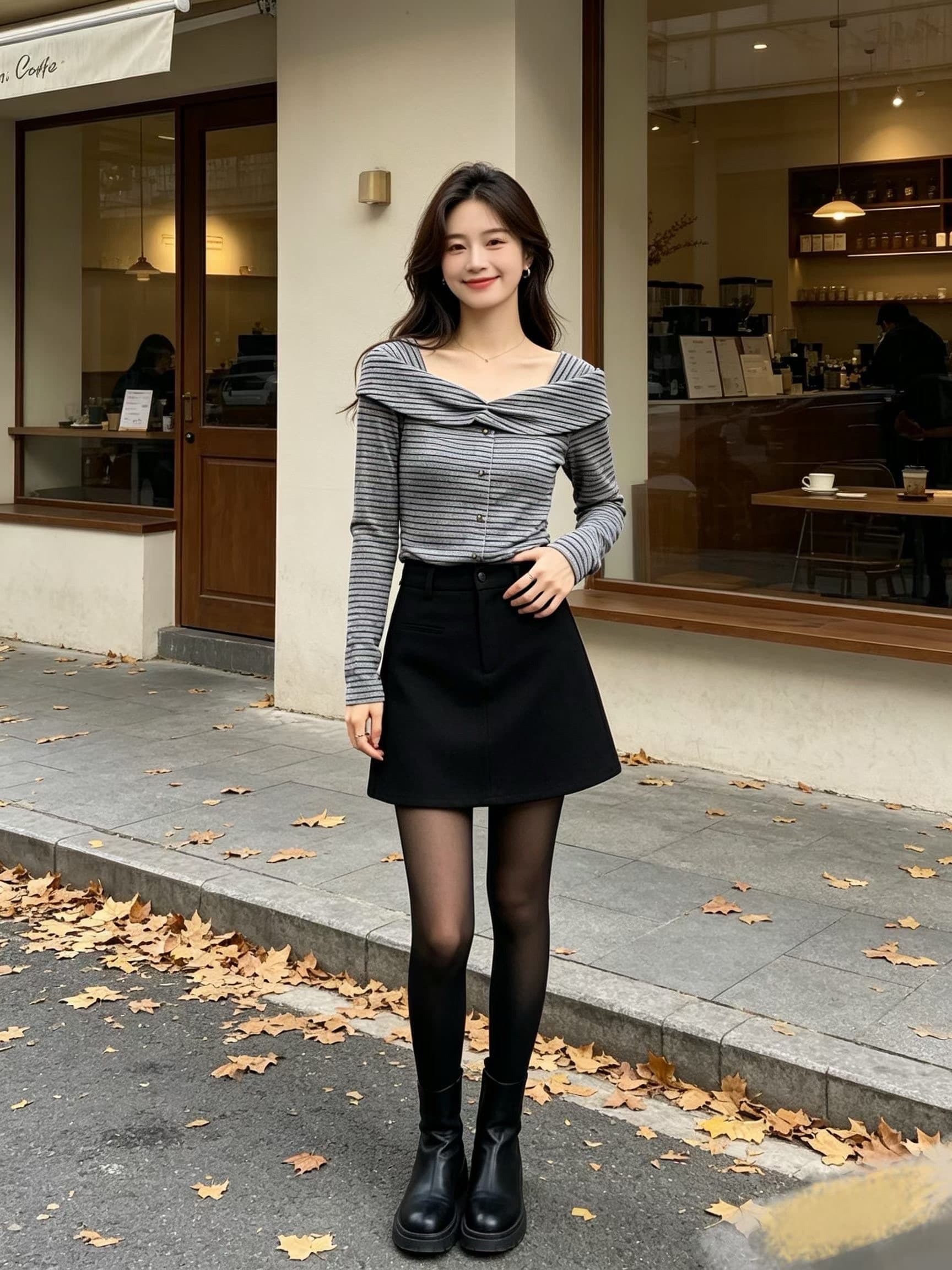 달콤한 차가운 회색 스트라이프 보트넥 오프숄더 긴팔 티셔츠 여성 작은 키 트임 출퇴근 다용도 맨위 봄