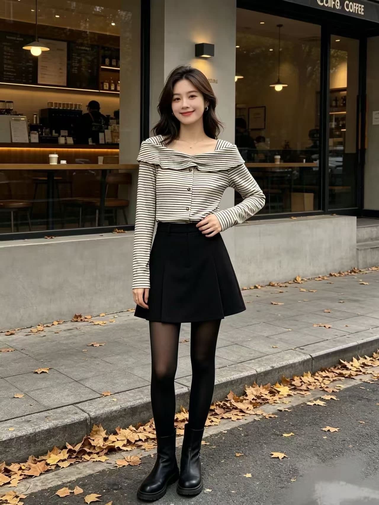 달콤한 차가운 회색 스트라이프 보트넥 오프숄더 긴팔 티셔츠 여성 작은 키 트임 출퇴근 다용도 맨위 봄 상세 이미지 4