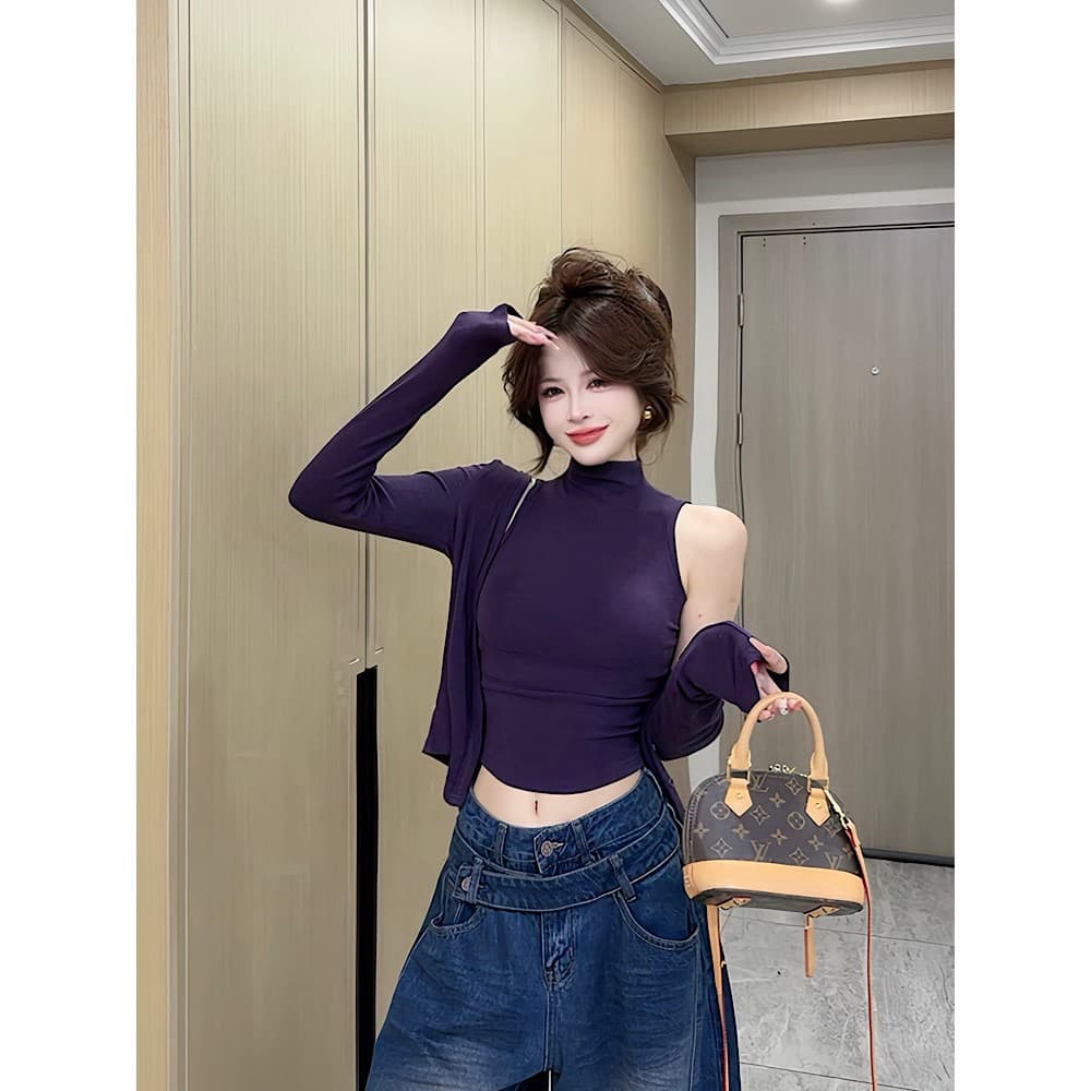 가을 2026 새로운 몸매 가꾸기 슬림해 보이는 순수한 욕망 연령 감소 몸매 가꾸기 품격 투피스 세트 기본 셔츠 긴팔 티셔츠 맨위 이미지 2