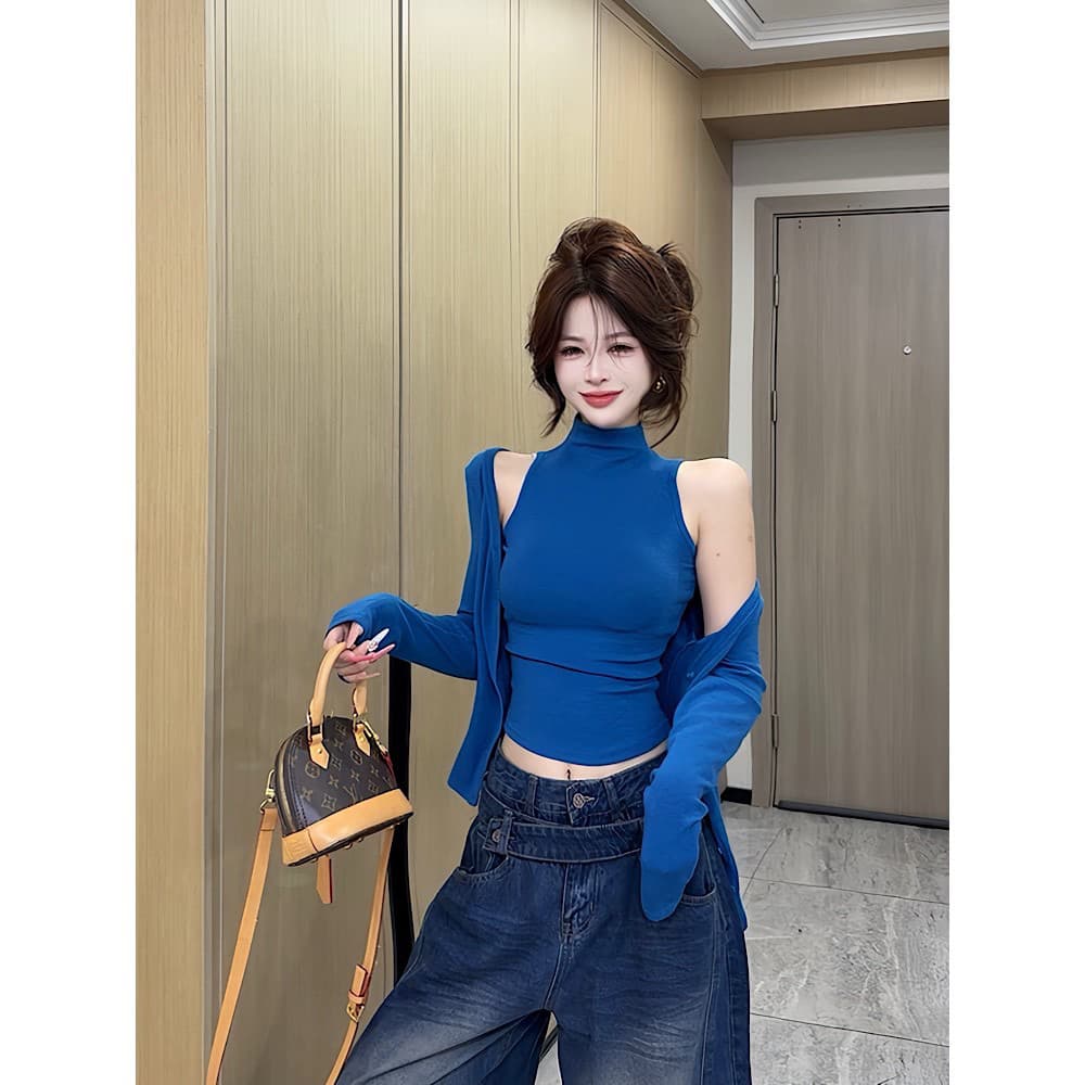 가을 2026 새로운 몸매 가꾸기 슬림해 보이는 순수한 욕망 연령 감소 몸매 가꾸기 품격 투피스 세트 기본 셔츠 긴팔 티셔츠 맨위 상세 이미지 4