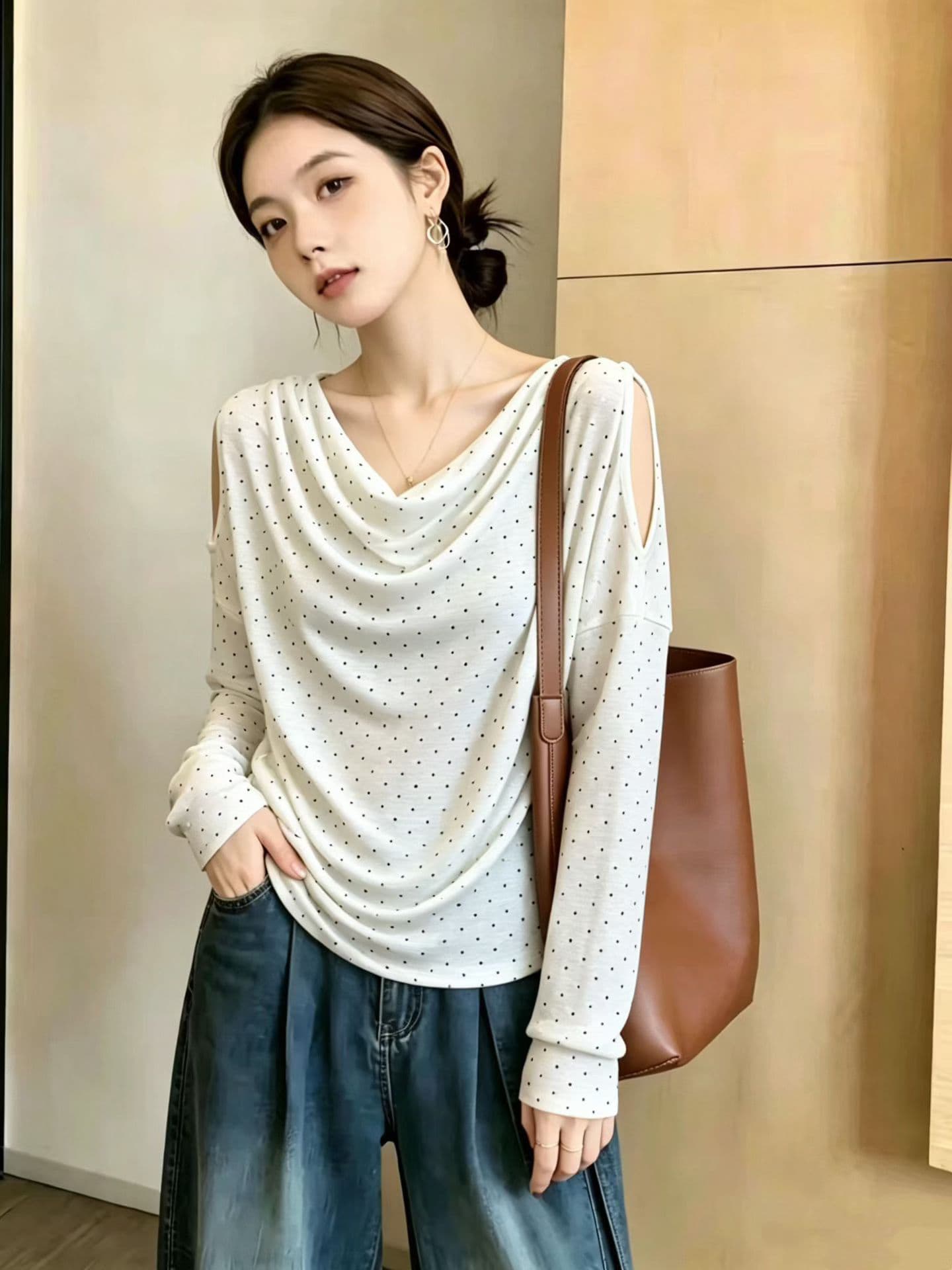 프랑스식 레트로 흔들다 칼라 도트 무늬 오프숄더 기본 셔츠 여성 가을 빅 사이즈 통통한 여동생 고급 센스 품격 슬림해 보이는 맨위