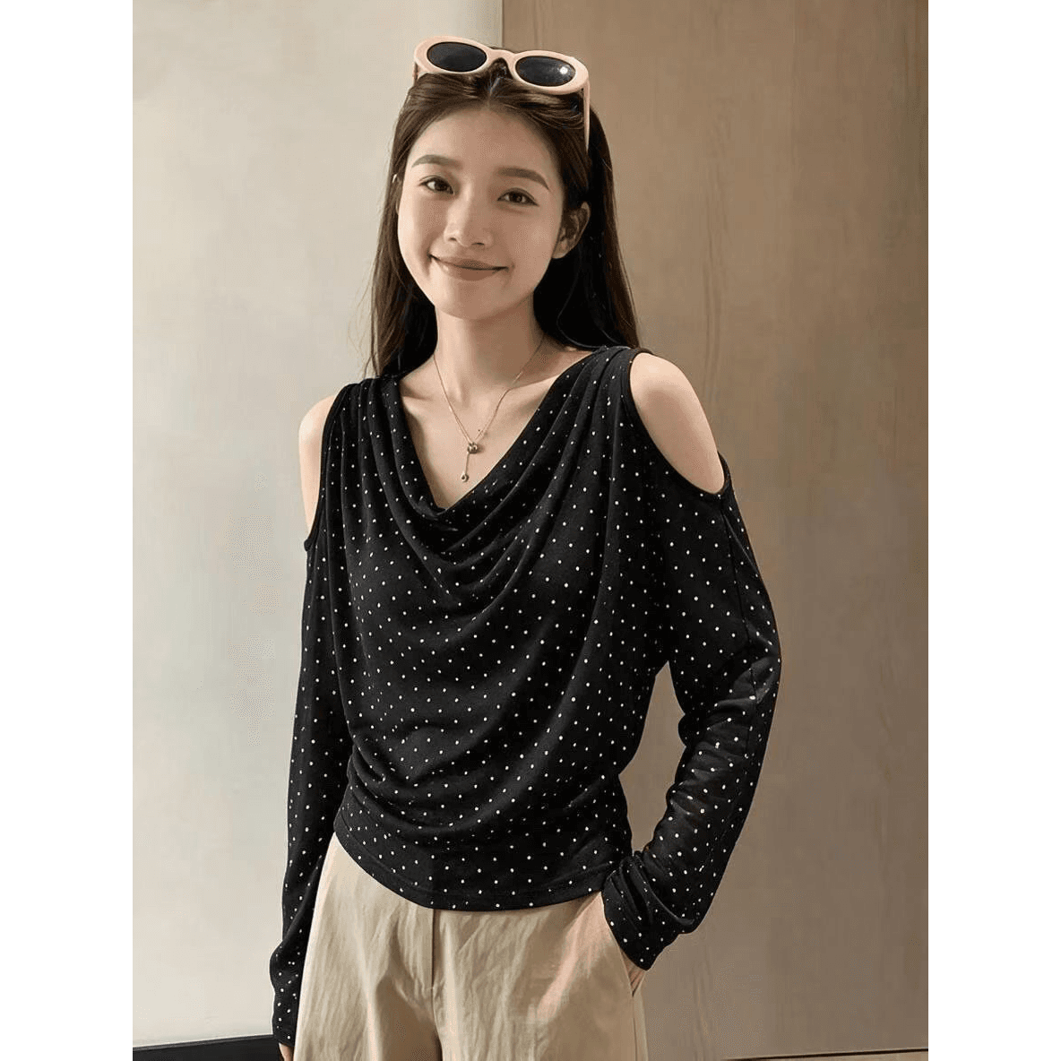 프랑스식 레트로 흔들다 칼라 도트 무늬 오프숄더 기본 셔츠 여성 가을 빅 사이즈 통통한 여동생 고급 센스 품격 슬림해 보이는 맨위 이미지 5