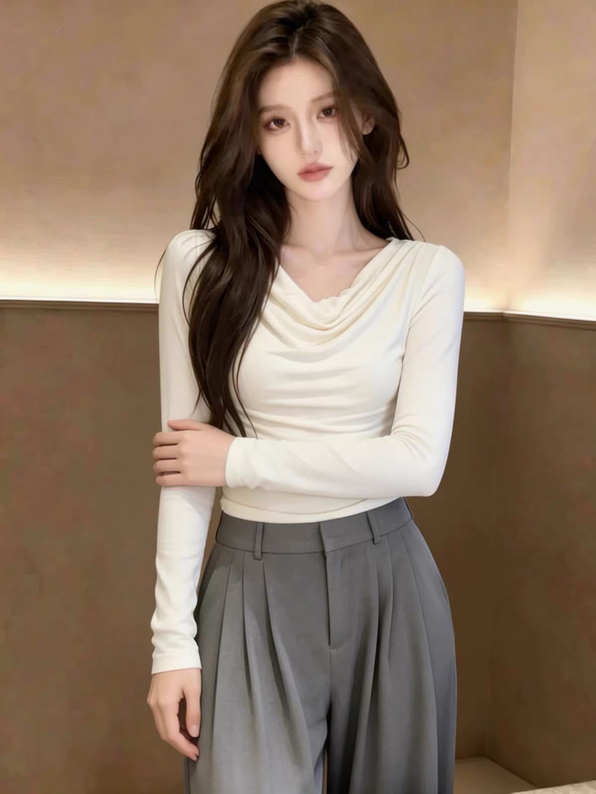이른 가을 프랑스식 품격 흔들다 칼라 긴팔 티셔츠 여성 2026 새로운 가을 폭발 몸매 가꾸기 슬림해 보이는 기본 셔츠 맨위 상세 이미지 3