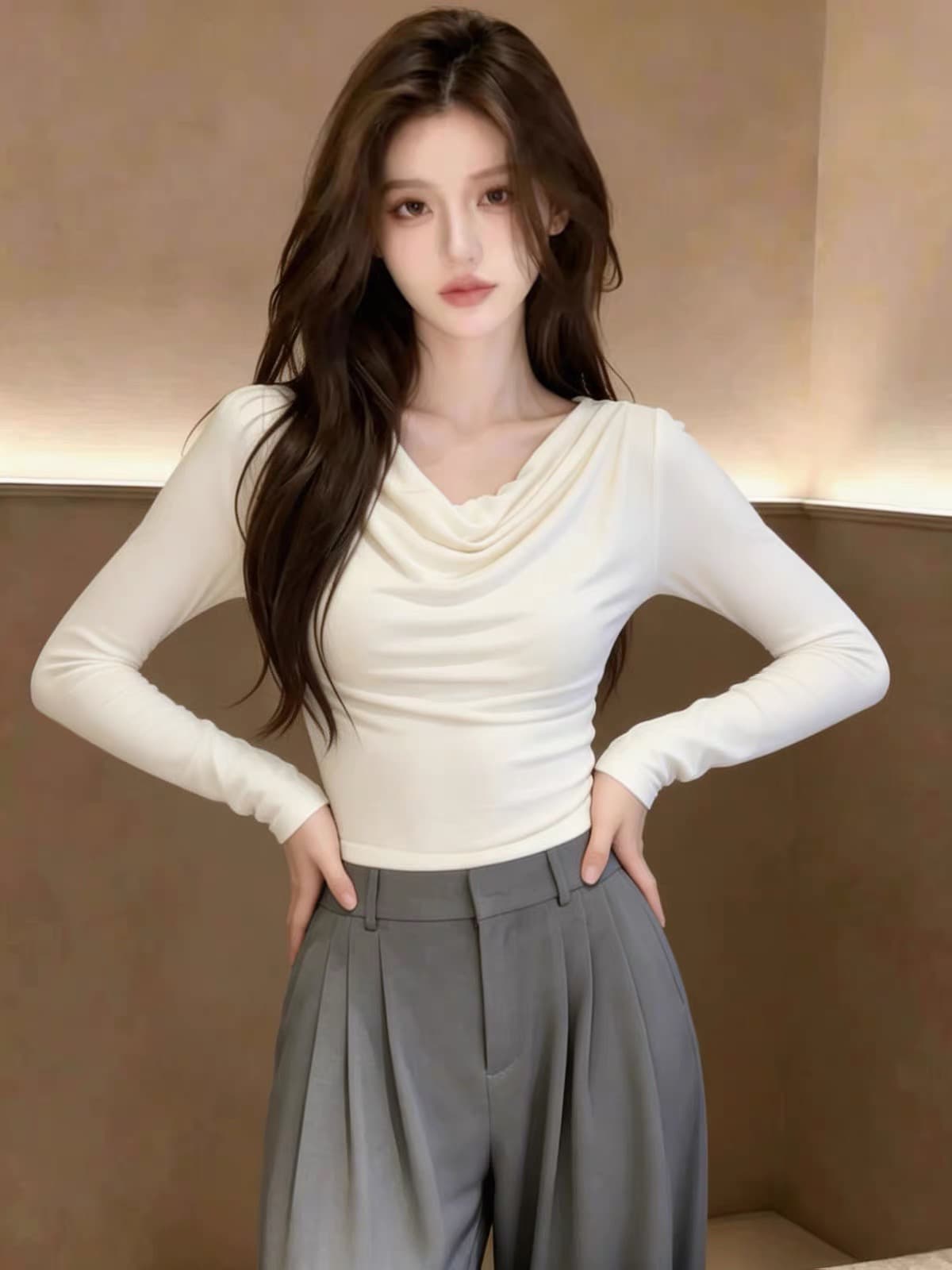 이른 가을 프랑스식 품격 흔들다 칼라 긴팔 티셔츠 여성 2026 새로운 가을 폭발 몸매 가꾸기 슬림해 보이는 기본 셔츠 맨위 상세 이미지 4