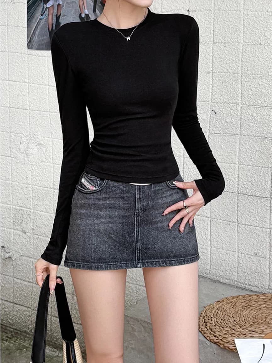 이른 가을 아메리칸 작은 원 칼라 긴팔 기본 셔츠 여성 몸매 가꾸기 신축성 슬림해 보이는 쇼트 스타일 티셔츠 작은 키 인사이드 잡아라. 의류 이미지 2