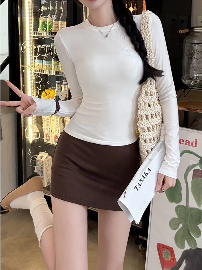 이른 가을 아메리칸 작은 원 칼라 긴팔 기본 셔츠 여성 몸매 가꾸기 신축성 슬림해 보이는 쇼트 스타일 티셔츠 작은 키 인사이드 잡아라. 의류 상세 이미지 5