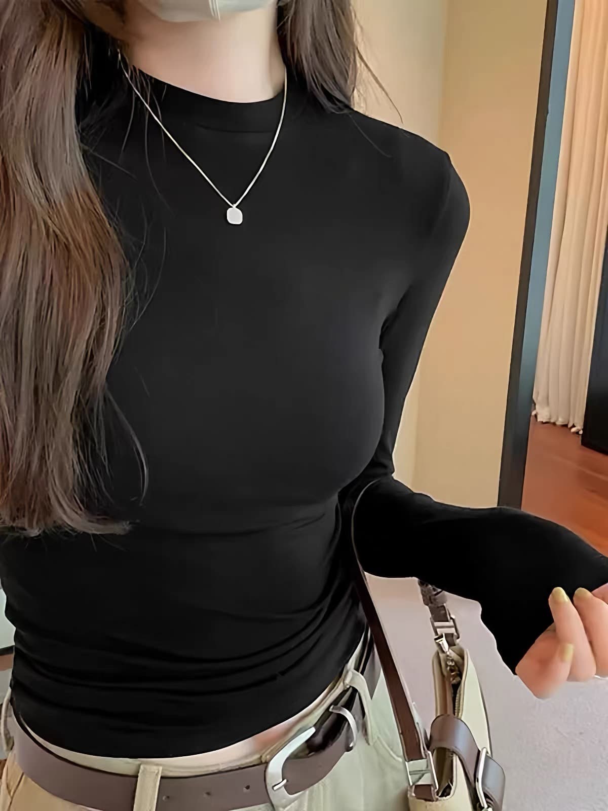 2026 봄 새로운 회색 작은 원 칼라 기본 셔츠 여성 높은 탄력성 몸매 가꾸기 슬림해 보이는 긴팔 인사이드 가져 가라. 티셔츠 상세 이미지 1
