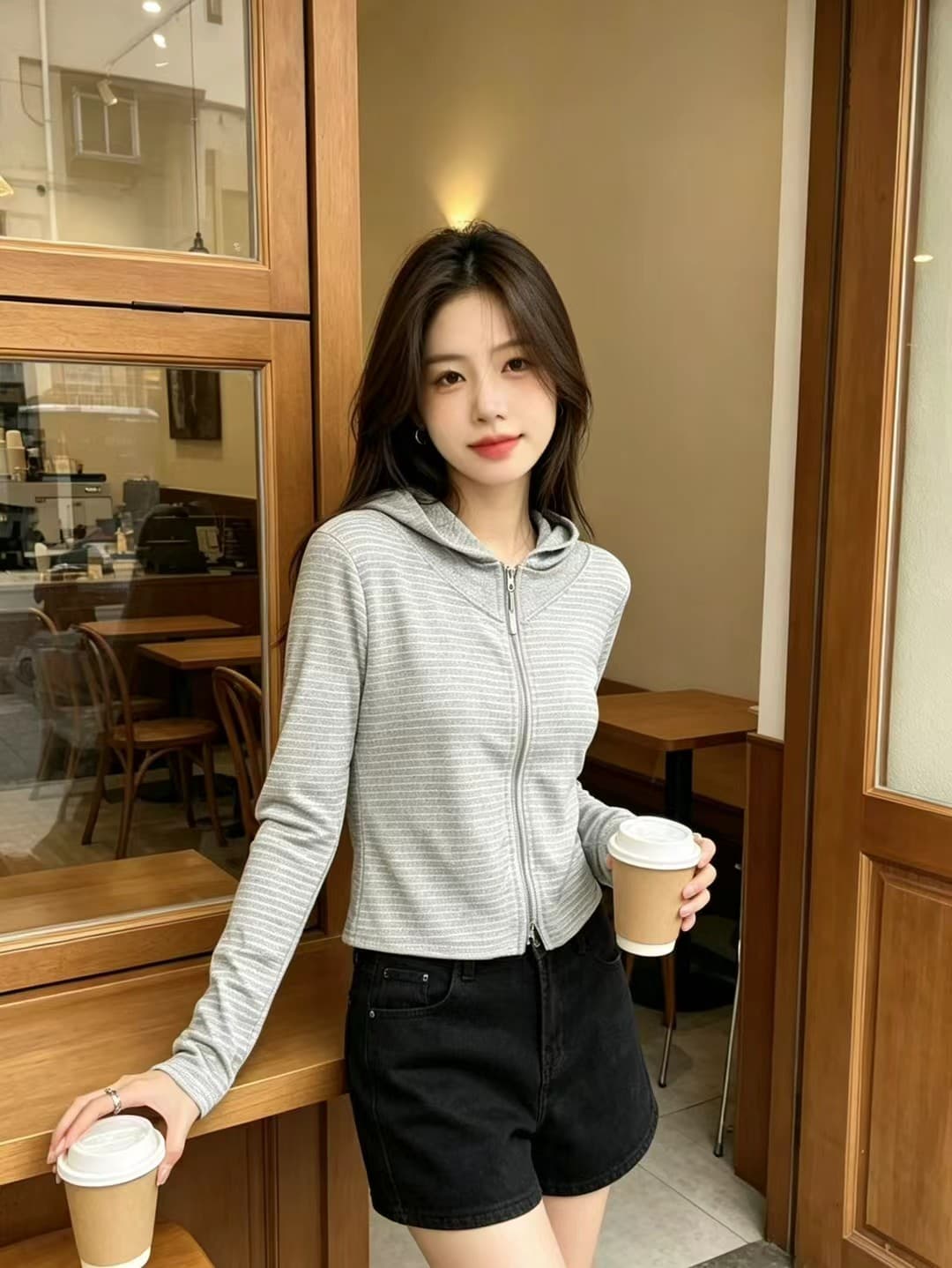 아메리칸 레트로 스트라이프 지퍼 후드 티 스웨터 여성 코트 2026 가을 새로운 몸매 가꾸기 슬림해 보이는 외출용 짧은 맨위 상세 이미지 2