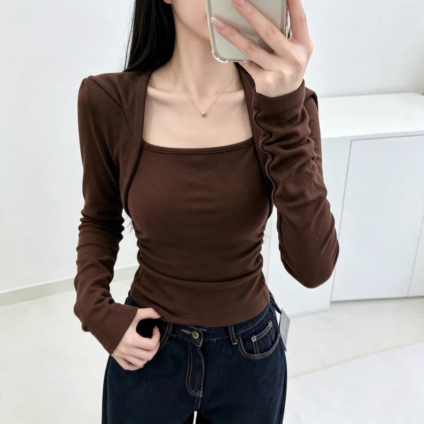 순수한 욕망 핫걸 이슬 쇄골 광장 칼라 기본 셔츠 여성 가을 새로운 긴팔 티셔츠 몸매 가꾸기 슬림해 보이는 인사이드 잡아라. 의류 ins 상세 이미지 3