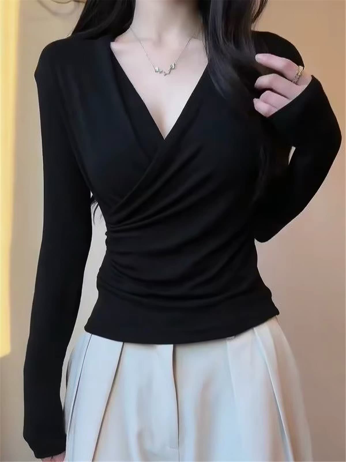 한 부서 검정색 십자가 V넥 긴팔 티셔츠 여성 봄 가을 새로운 몸매 가꾸기 인사이드 가져 가라. 기본 셔츠 슬림해 보이는 허리 수축 맨위 여성 이미지 2