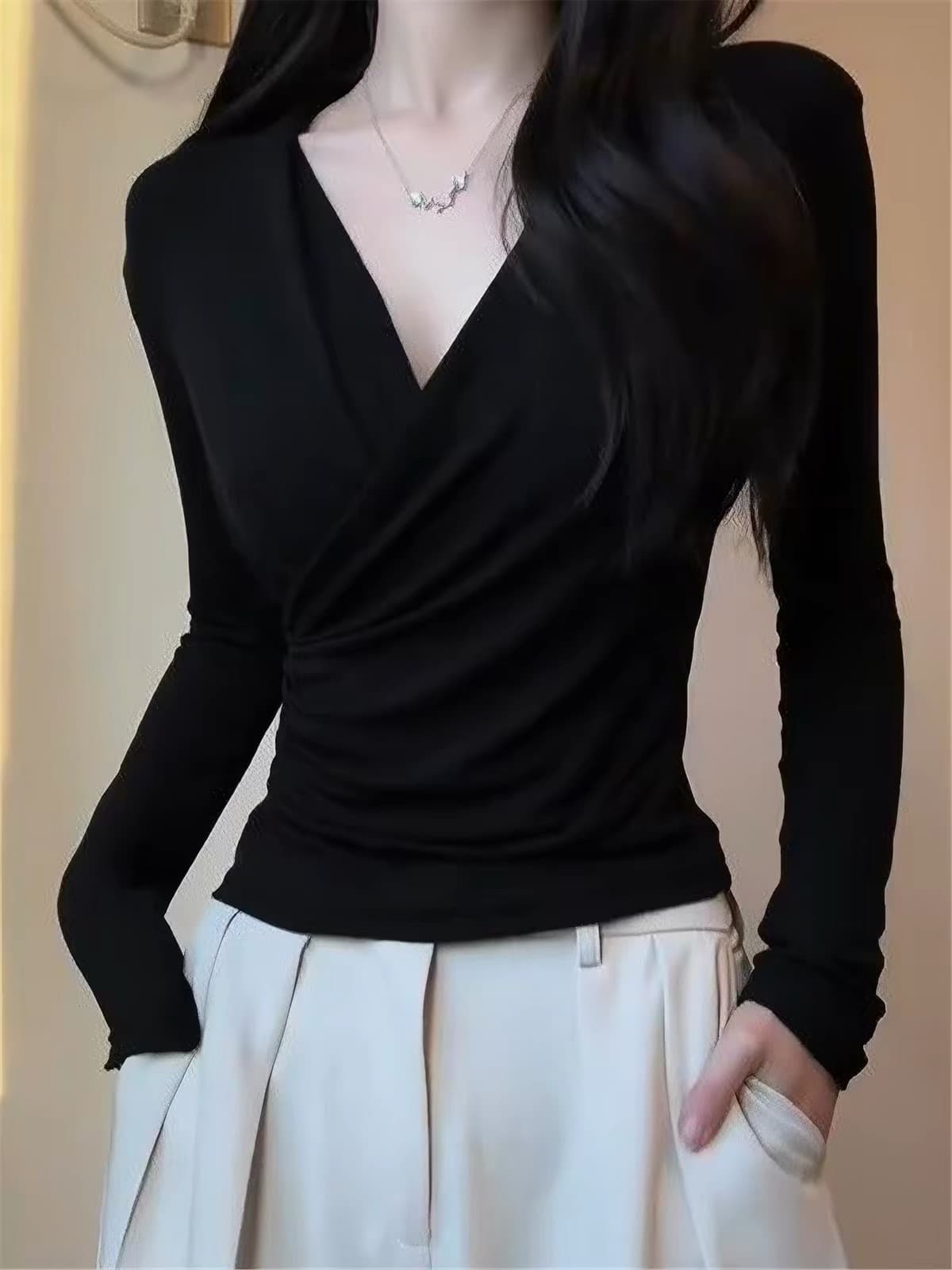 한 부서 검정색 십자가 V넥 긴팔 티셔츠 여성 봄 가을 새로운 몸매 가꾸기 인사이드 가져 가라. 기본 셔츠 슬림해 보이는 허리 수축 맨위 여성 이미지 3