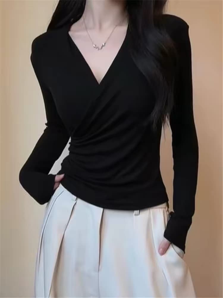 한 부서 검정색 십자가 V넥 긴팔 티셔츠 여성 봄 가을 새로운 몸매 가꾸기 인사이드 가져 가라. 기본 셔츠 슬림해 보이는 허리 수축 맨위 여성 상세 이미지 2