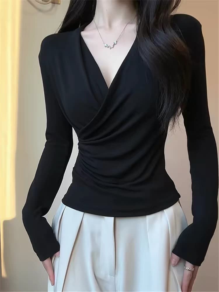 한 부서 검정색 십자가 V넥 긴팔 티셔츠 여성 봄 가을 새로운 몸매 가꾸기 인사이드 가져 가라. 기본 셔츠 슬림해 보이는 허리 수축 맨위 여성 상세 이미지 4