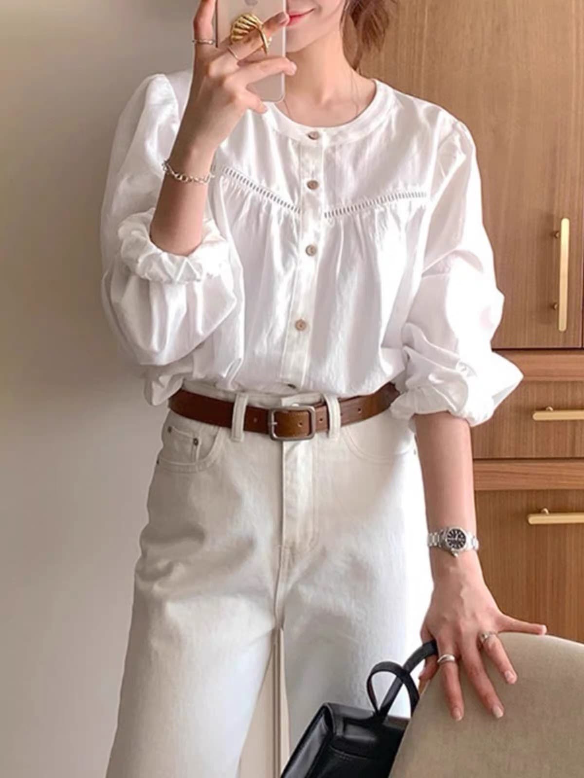 한 부서 화이트 여성 셔츠 가을 새로운 미니멀리즘 출퇴근 Chic 맨위 디자인 센스 캐주얼 셔츠 긴팔 스택 착용 상세 이미지 1