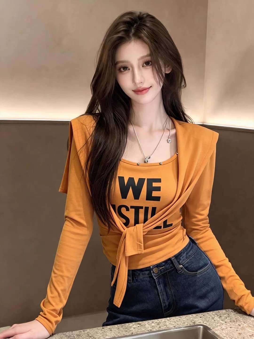 도파민 연령 감소 알파벳 프린트 긴팔 티셔츠 스택 착용 숄 두 조각 여성 세트 가을 몸매 가꾸기 슬림해 보이는 주황색 맨위 상세 이미지 1