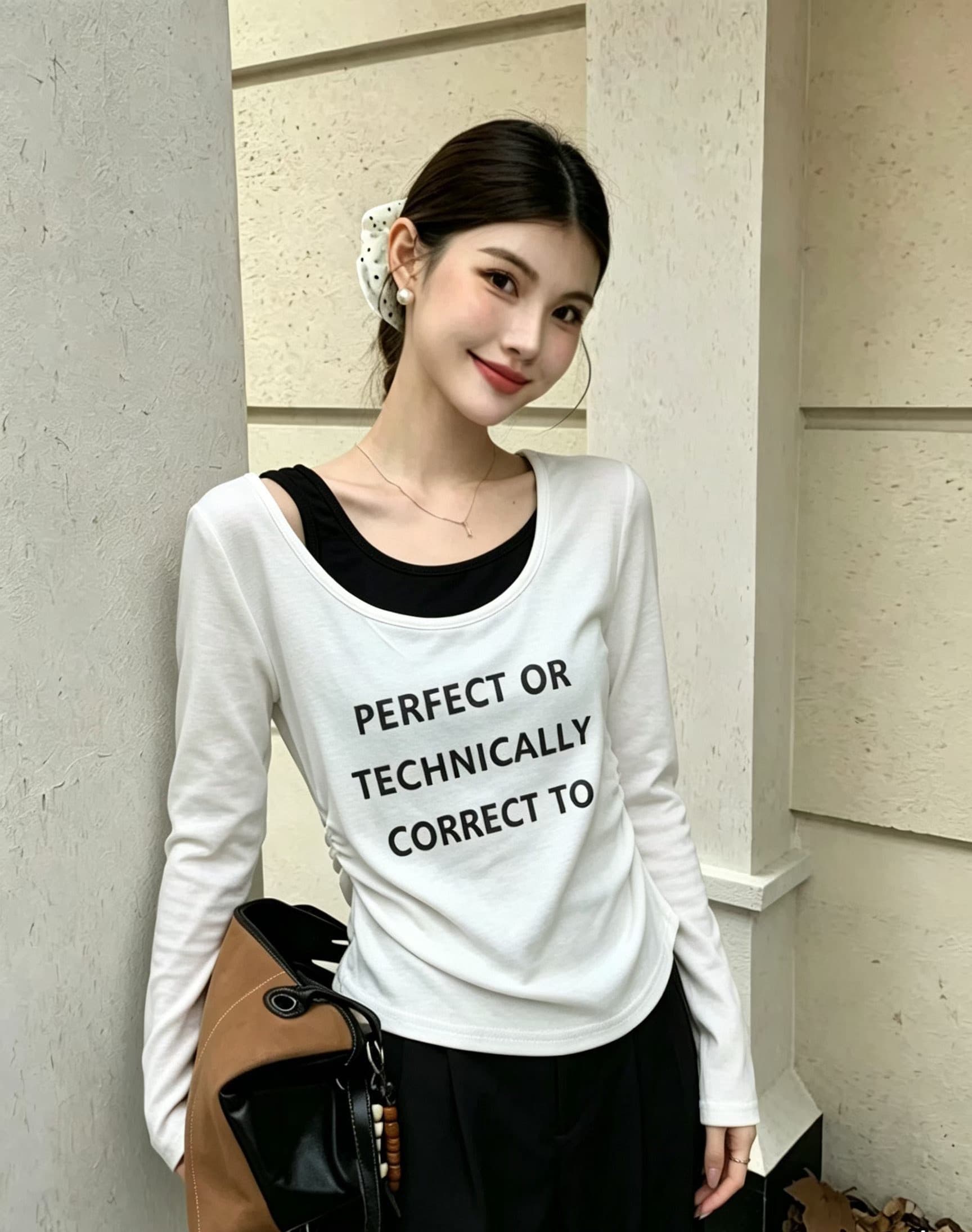 고급 센스 페이크 레이어드 비스듬한 어깨 긴팔 티셔츠 여성 2026 가을 새로운 꼬집기 허리 주름 Chic 아름다운 작은 맨위