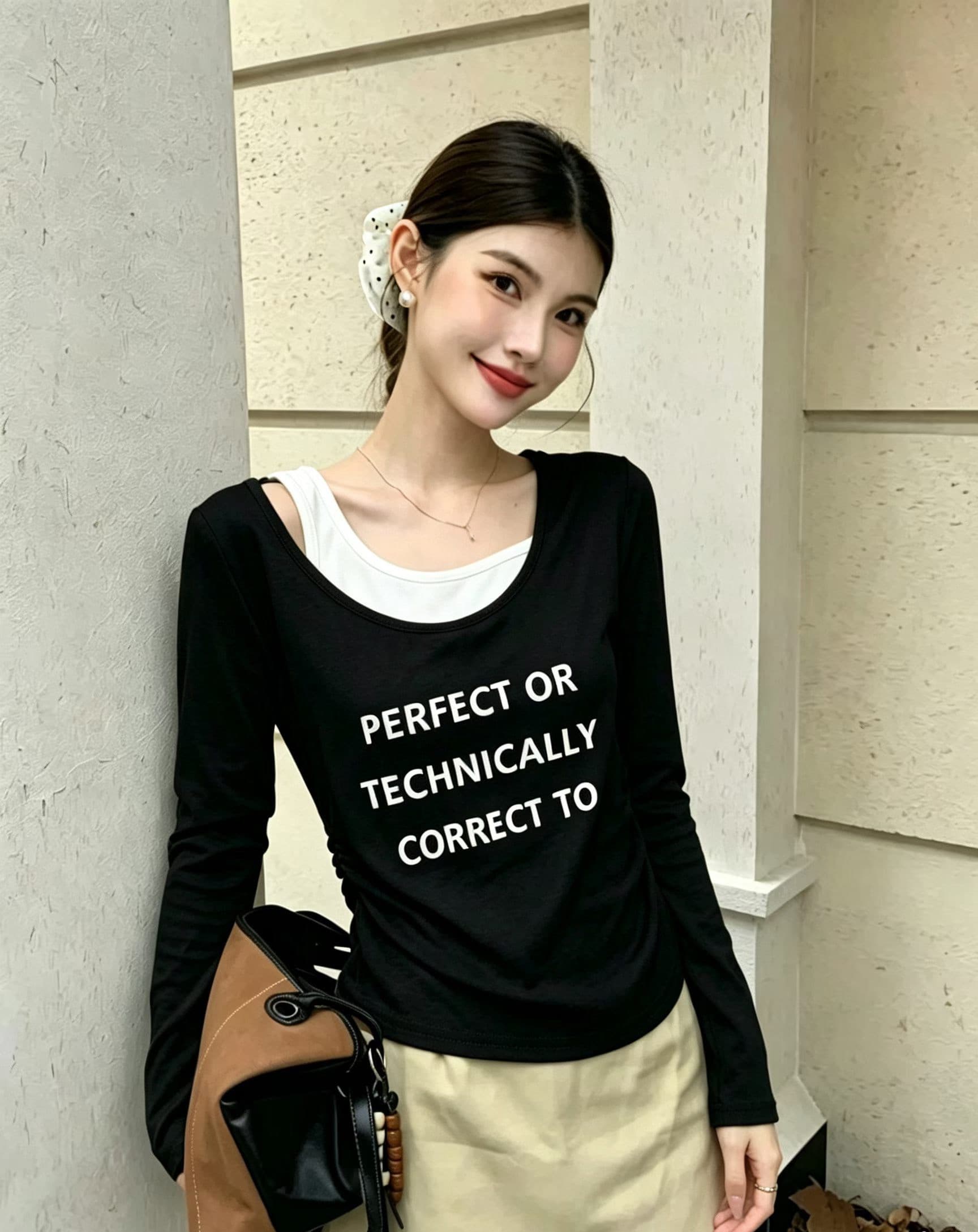 고급 센스 페이크 레이어드 비스듬한 어깨 긴팔 티셔츠 여성 2026 가을 새로운 꼬집기 허리 주름 Chic 아름다운 작은 맨위 이미지 2