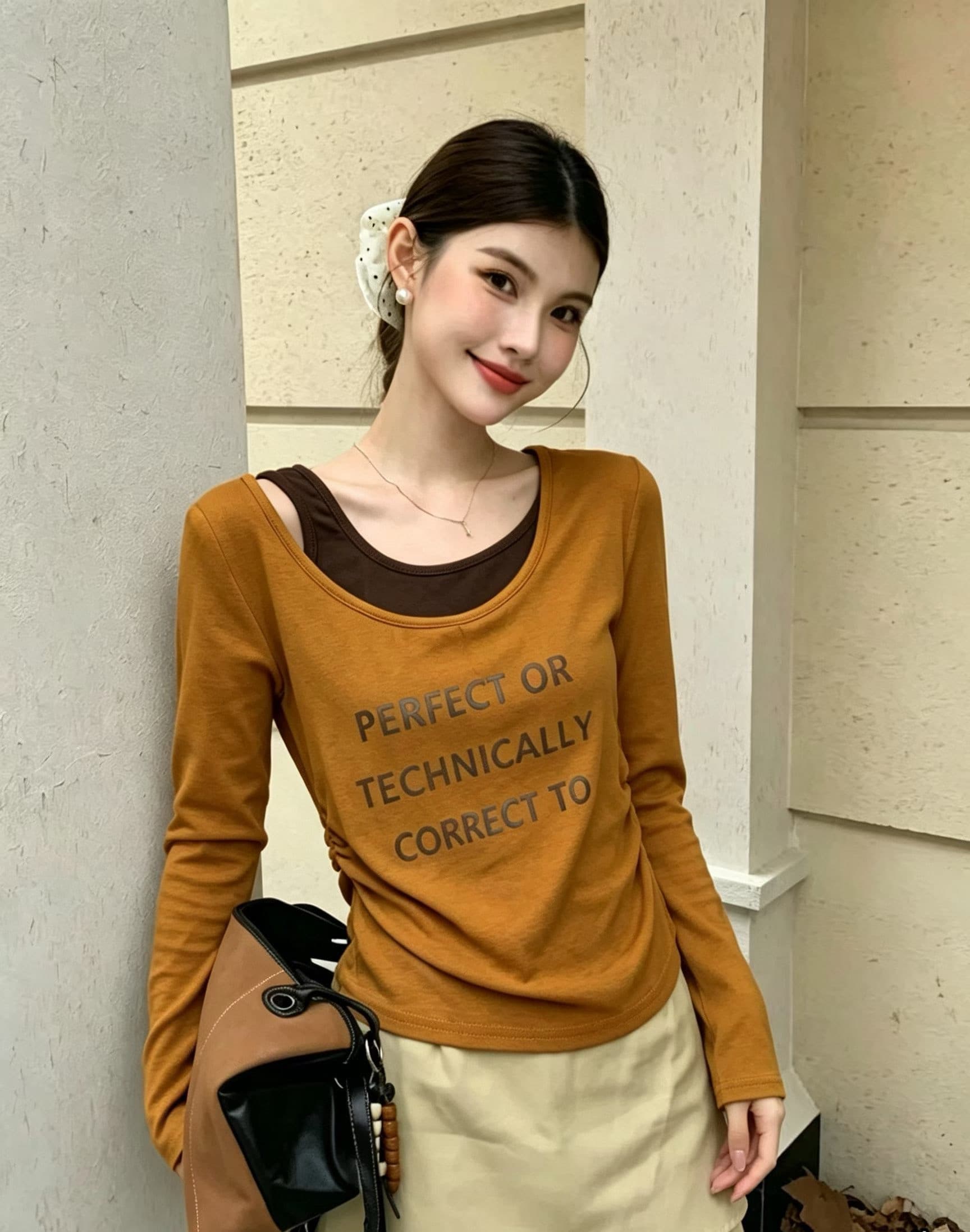 고급 센스 페이크 레이어드 비스듬한 어깨 긴팔 티셔츠 여성 2026 가을 새로운 꼬집기 허리 주름 Chic 아름다운 작은 맨위 이미지 3