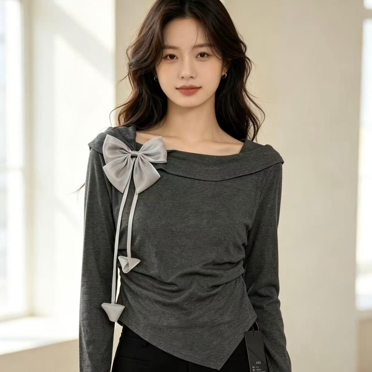 달콤함 나비 매듭 광장 칼라 반팔 티셔츠 여성 2026 여름 새로운 프랑스식 긍정적 인 어깨 허리 수축 쇼트 스타일 맨위 상세 이미지 1