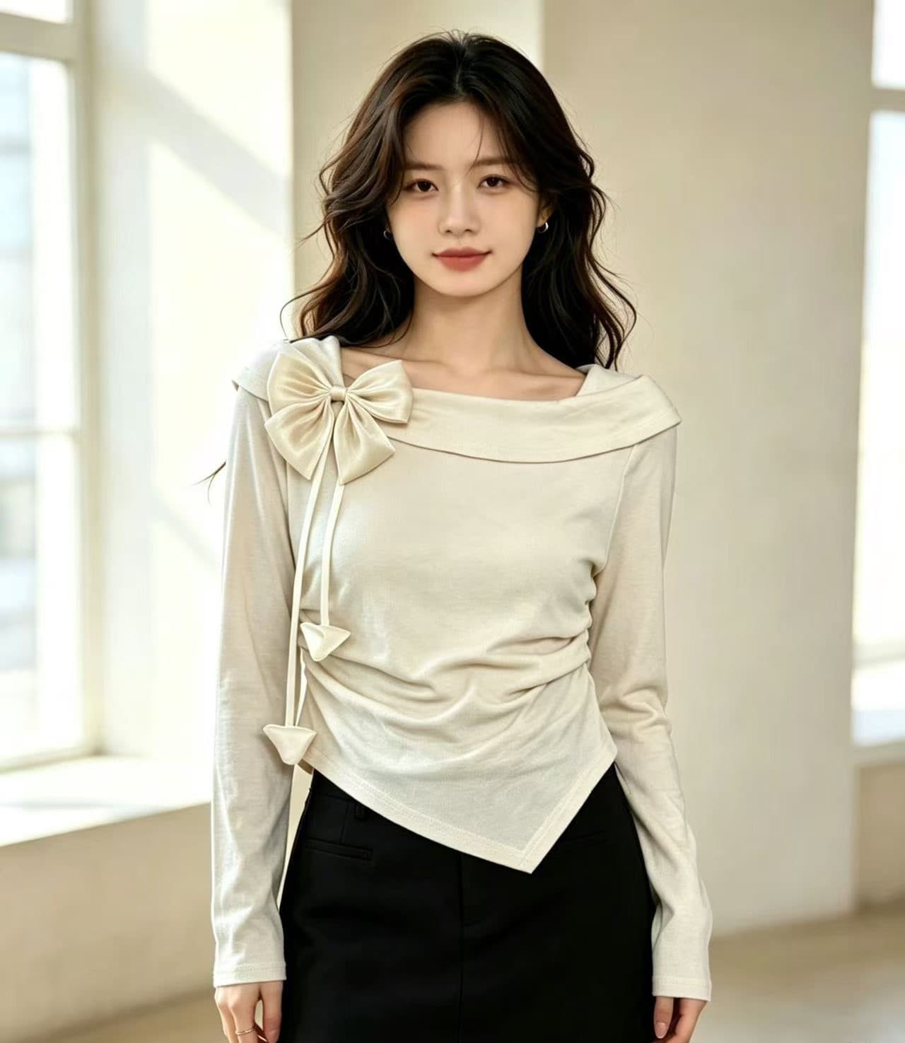 달콤함 나비 매듭 광장 칼라 반팔 티셔츠 여성 2026 여름 새로운 프랑스식 긍정적 인 어깨 허리 수축 쇼트 스타일 맨위 상세 이미지 2