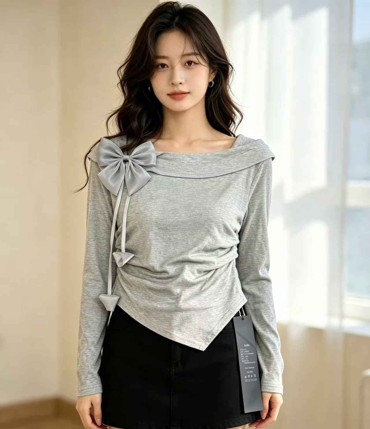 달콤함 나비 매듭 광장 칼라 반팔 티셔츠 여성 2026 여름 새로운 프랑스식 긍정적 인 어깨 허리 수축 쇼트 스타일 맨위 상세 이미지 3