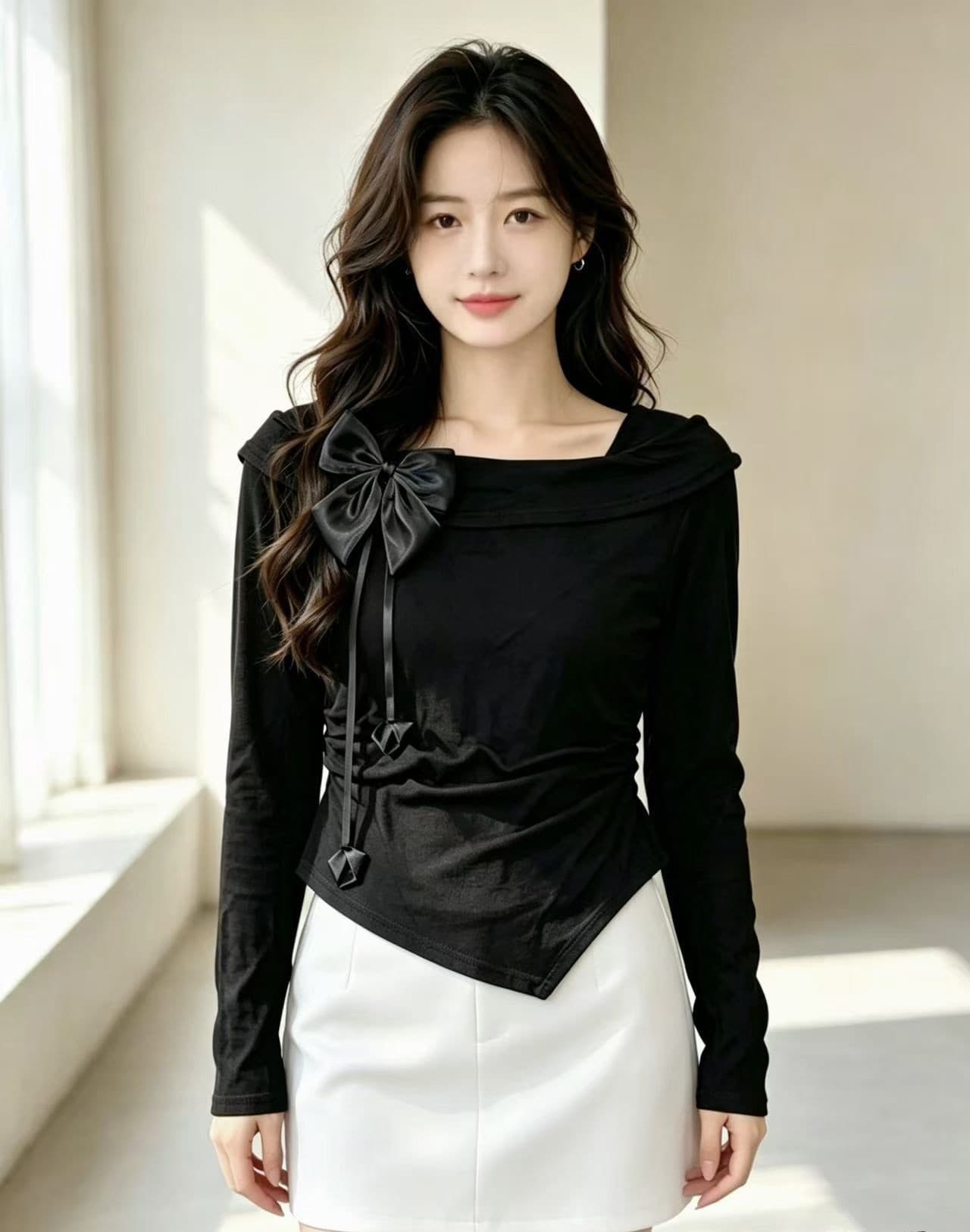 달콤함 나비 매듭 광장 칼라 반팔 티셔츠 여성 2026 여름 새로운 프랑스식 긍정적 인 어깨 허리 수축 쇼트 스타일 맨위 상세 이미지 6