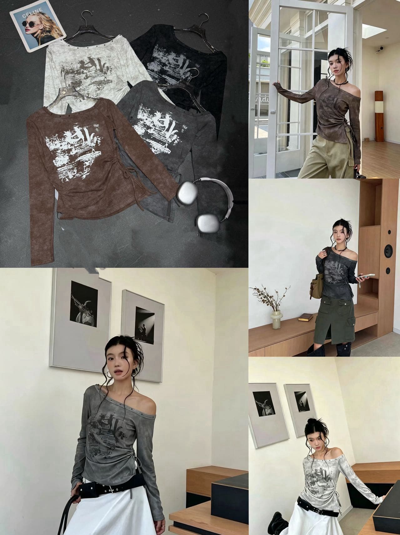 알파벳 프린트 비스듬한 칼라 긴팔 티셔츠 여성 가을 새로운 싱글 측면 짜임 꽈배기 캐미솔 허리 수축 슬림해 보이는 맨위 이미지 4