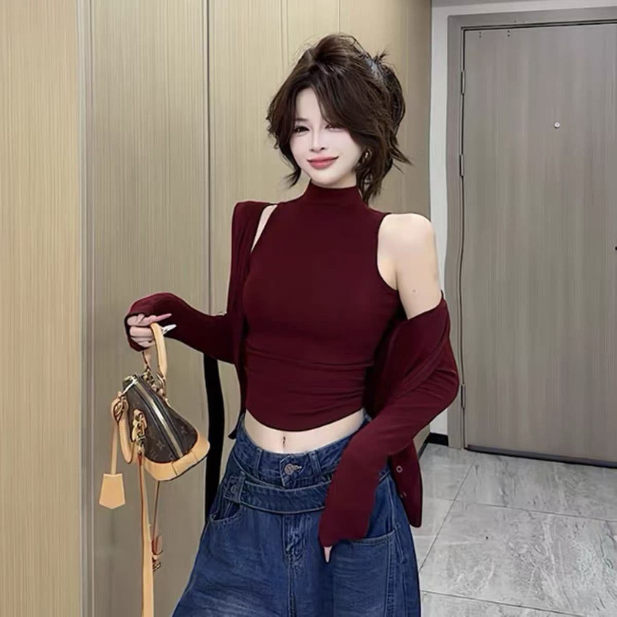 한 부서 핫걸 바람 품격 터틀넥 민소매 조끼 여성 의류 몸매 가꾸기 슬림해 보이는 섹시함 긴팔 오픈 가디건 패션 투피스 세트 이미지 3