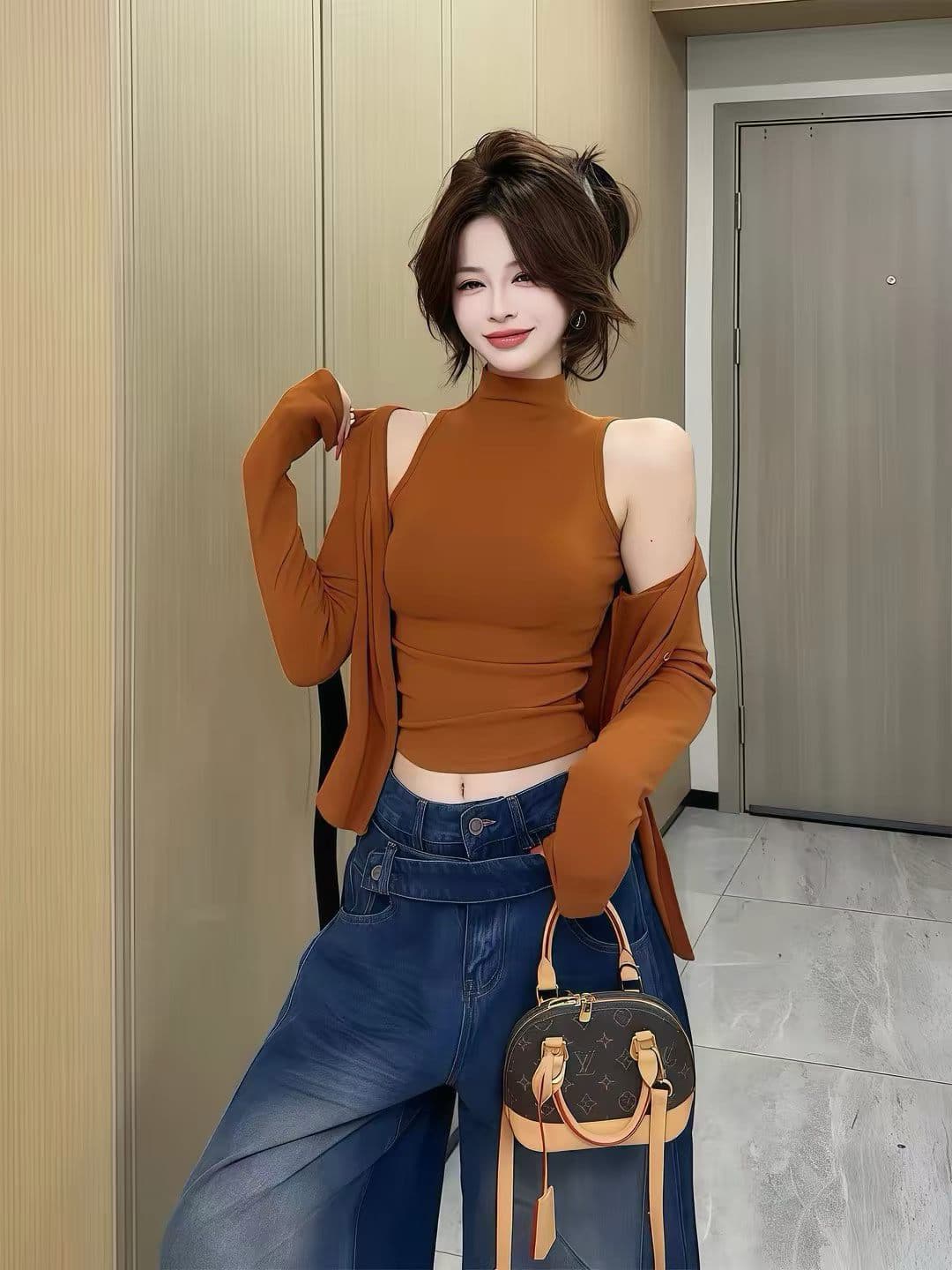 한 부서 핫걸 바람 품격 터틀넥 민소매 조끼 여성 의류 몸매 가꾸기 슬림해 보이는 섹시함 긴팔 오픈 가디건 패션 투피스 세트 상세 이미지 1