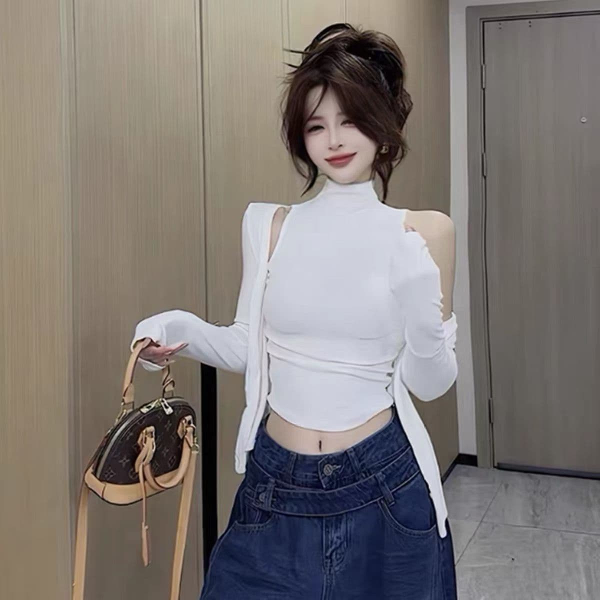 한 부서 핫걸 바람 품격 터틀넥 민소매 조끼 여성 의류 몸매 가꾸기 슬림해 보이는 섹시함 긴팔 오픈 가디건 패션 투피스 세트 상세 이미지 4