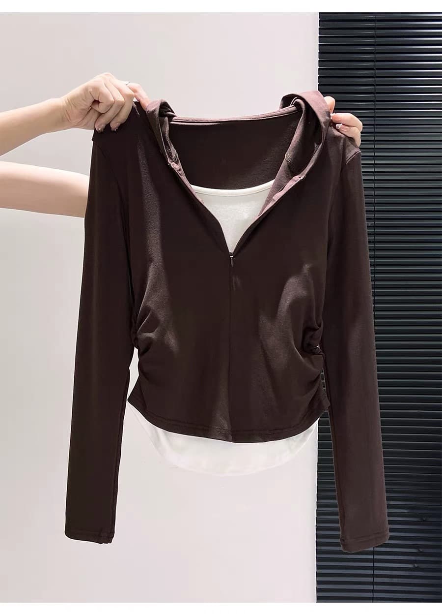 연령 감소 페이크 레이어드 chic 주름 모자 셔츠 여성 가을 아메리칸 레트로 핫걸 긴팔 맨위 외부 가져 가라. 캐주얼 티셔츠 이미지 3
