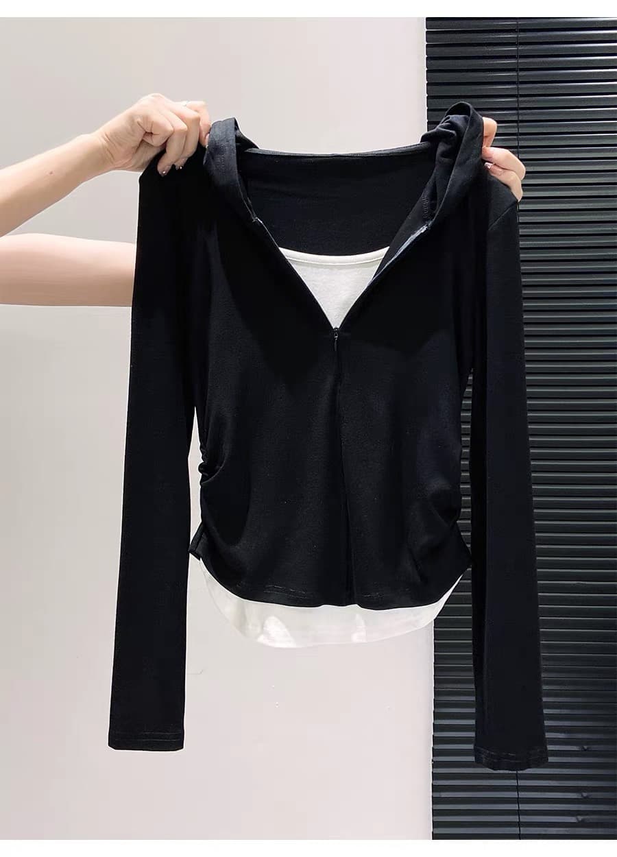 연령 감소 페이크 레이어드 chic 주름 모자 셔츠 여성 가을 아메리칸 레트로 핫걸 긴팔 맨위 외부 가져 가라. 캐주얼 티셔츠 상세 이미지 1