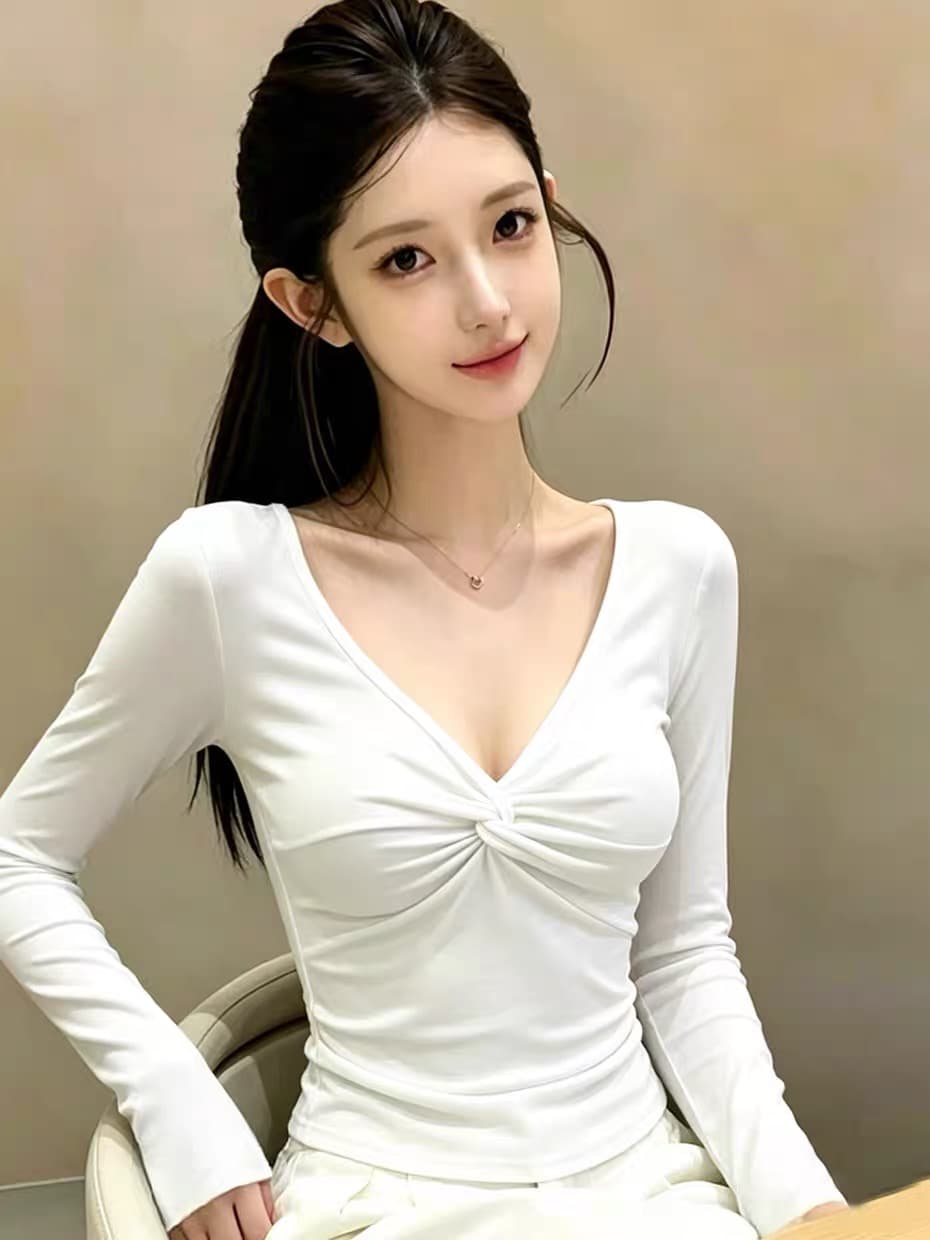 프랑스식 비틀림 V넥 디자인 센스 긴팔 티셔츠 여성 봄 가을 인사이드 가져 가라. 허리 수축 기본 셔츠 Chic 품격 작은 맨위 이미지 3