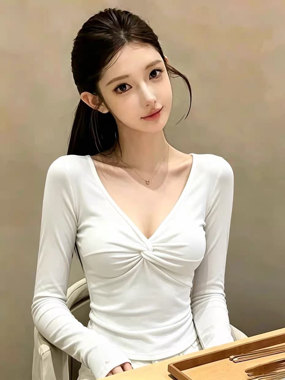 프랑스식 비틀림 V넥 디자인 센스 긴팔 티셔츠 여성 봄 가을 인사이드 가져 가라. 허리 수축 기본 셔츠 Chic 품격 작은 맨위 상세 이미지 2