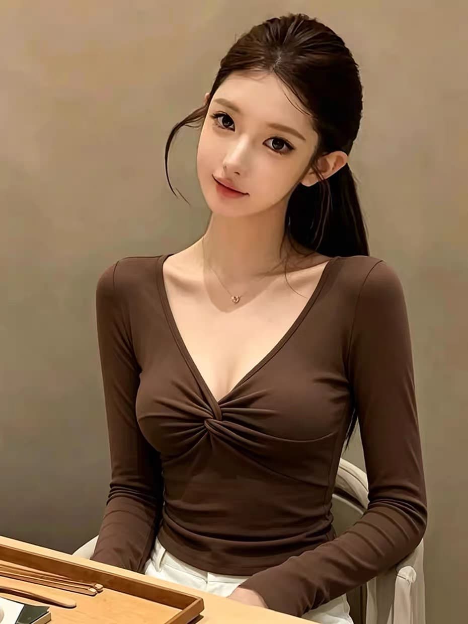 프랑스식 비틀림 V넥 디자인 센스 긴팔 티셔츠 여성 봄 가을 인사이드 가져 가라. 허리 수축 기본 셔츠 Chic 품격 작은 맨위 상세 이미지 3