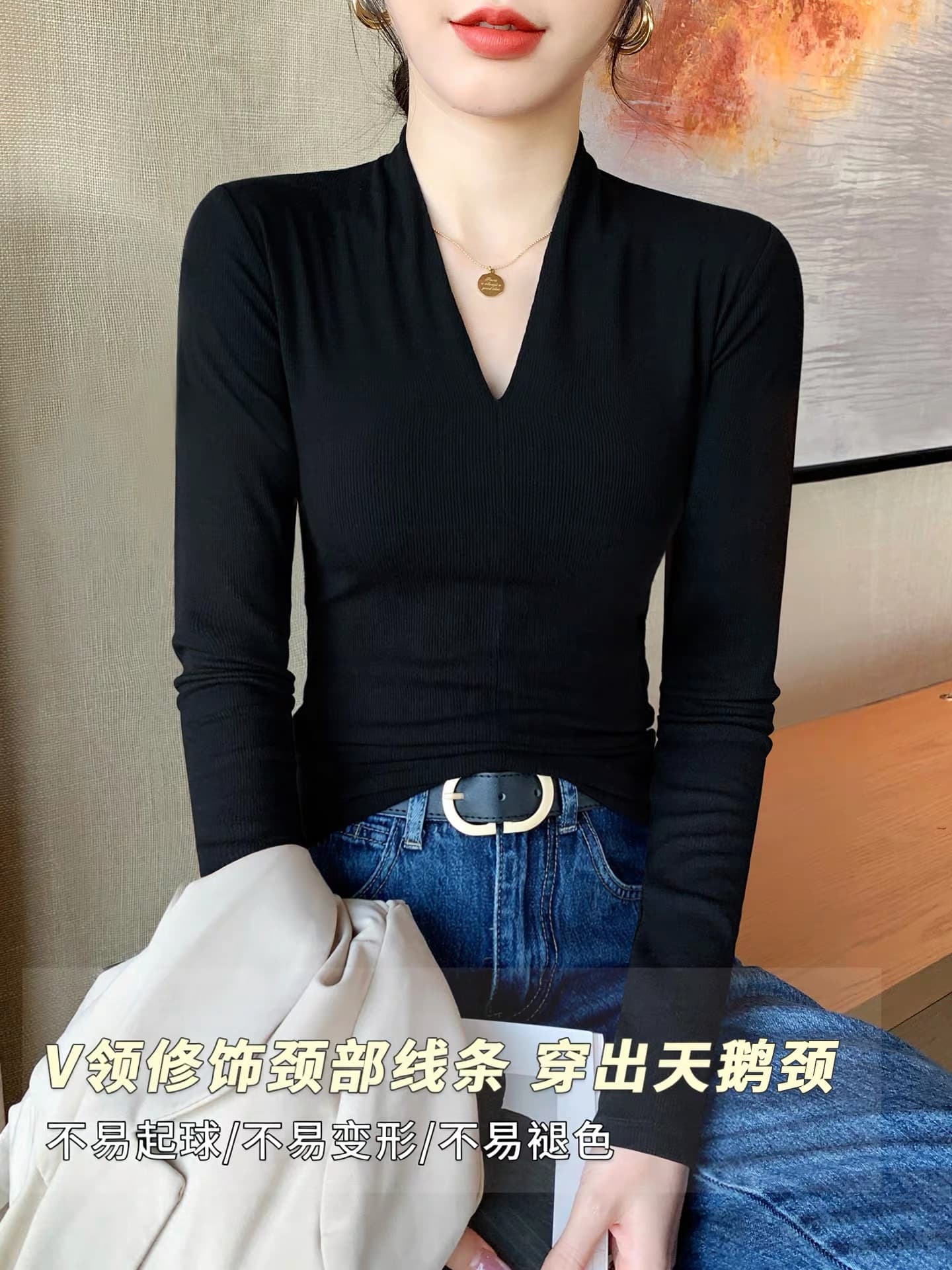 회색 V넥 기본 셔츠 여성 봄 가을 겨울 2026 새로운 고급 센스 인사이드 가져 가라. 몸매 가꾸기 긴팔 니트 외국 가스 맨위 상세 이미지 3